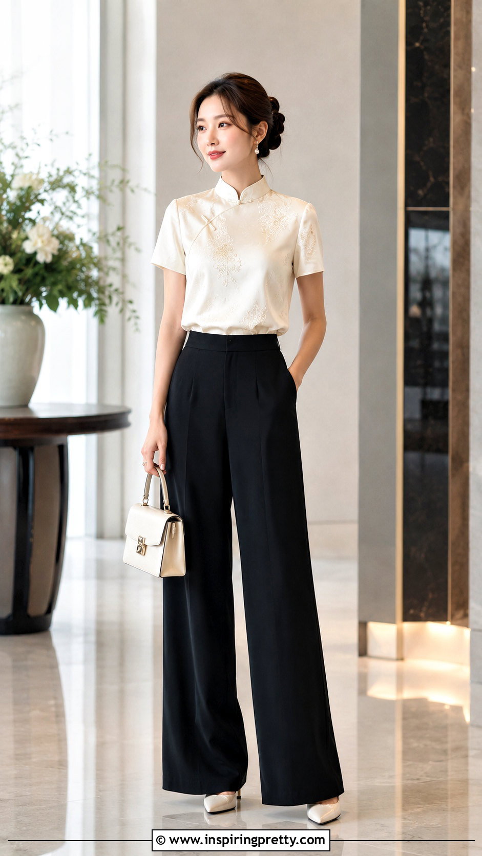 Qipao Top With Wide Leg Trousers - 50 qipao top outfit ideas