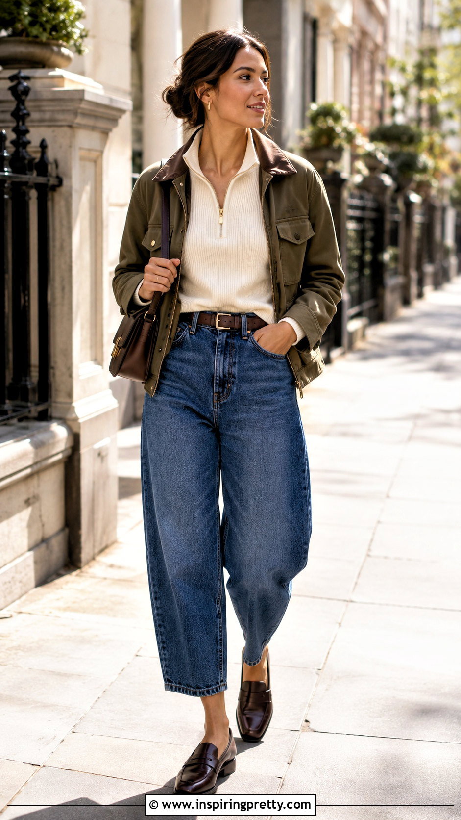 Quarter Zip Knit Top With Barrel Jeans - 50 Women Tops Outfit ideas