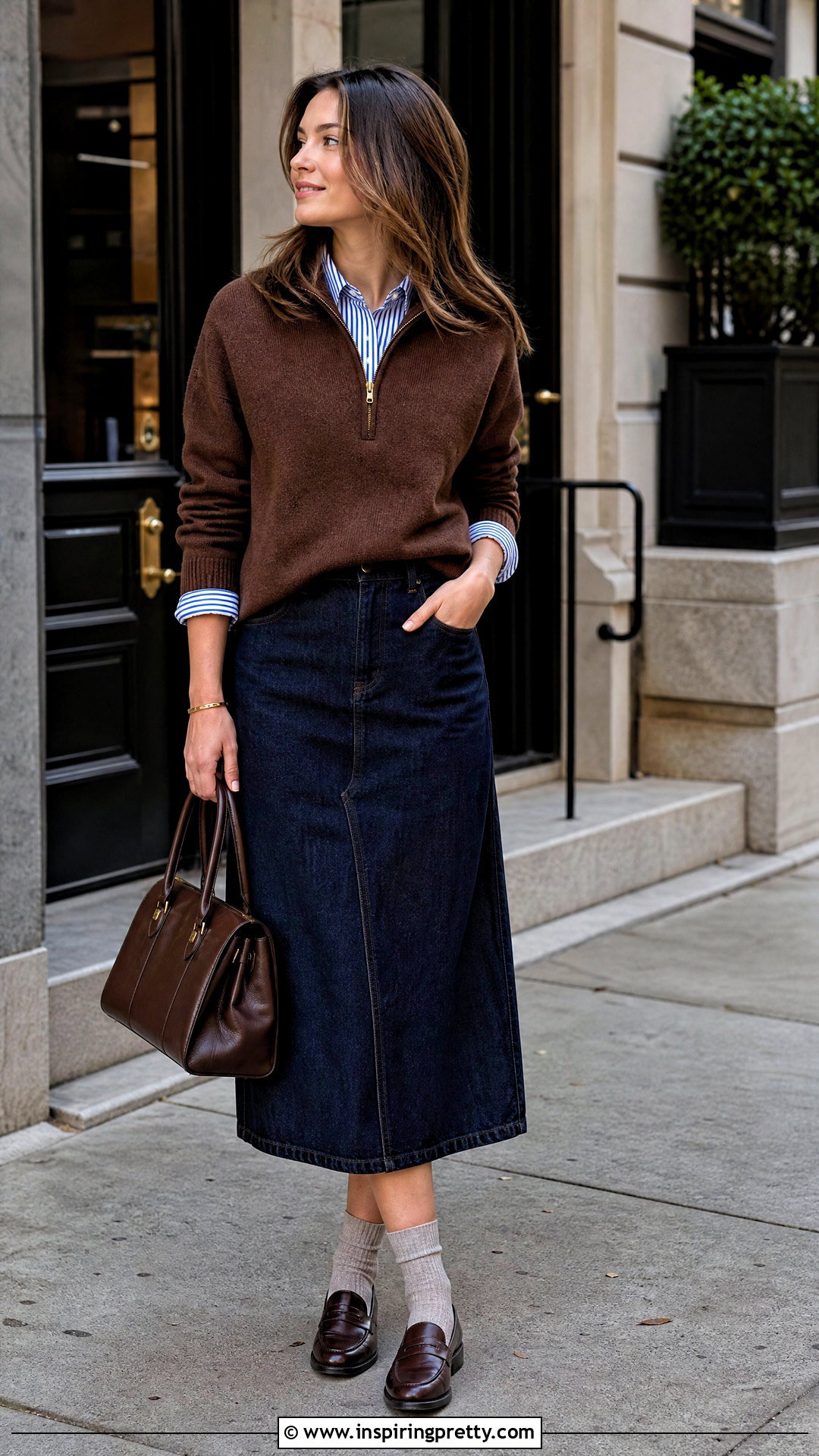 Quarter Zip Sweater Over Striped Shirt Outfit - 50 layered tops outfits