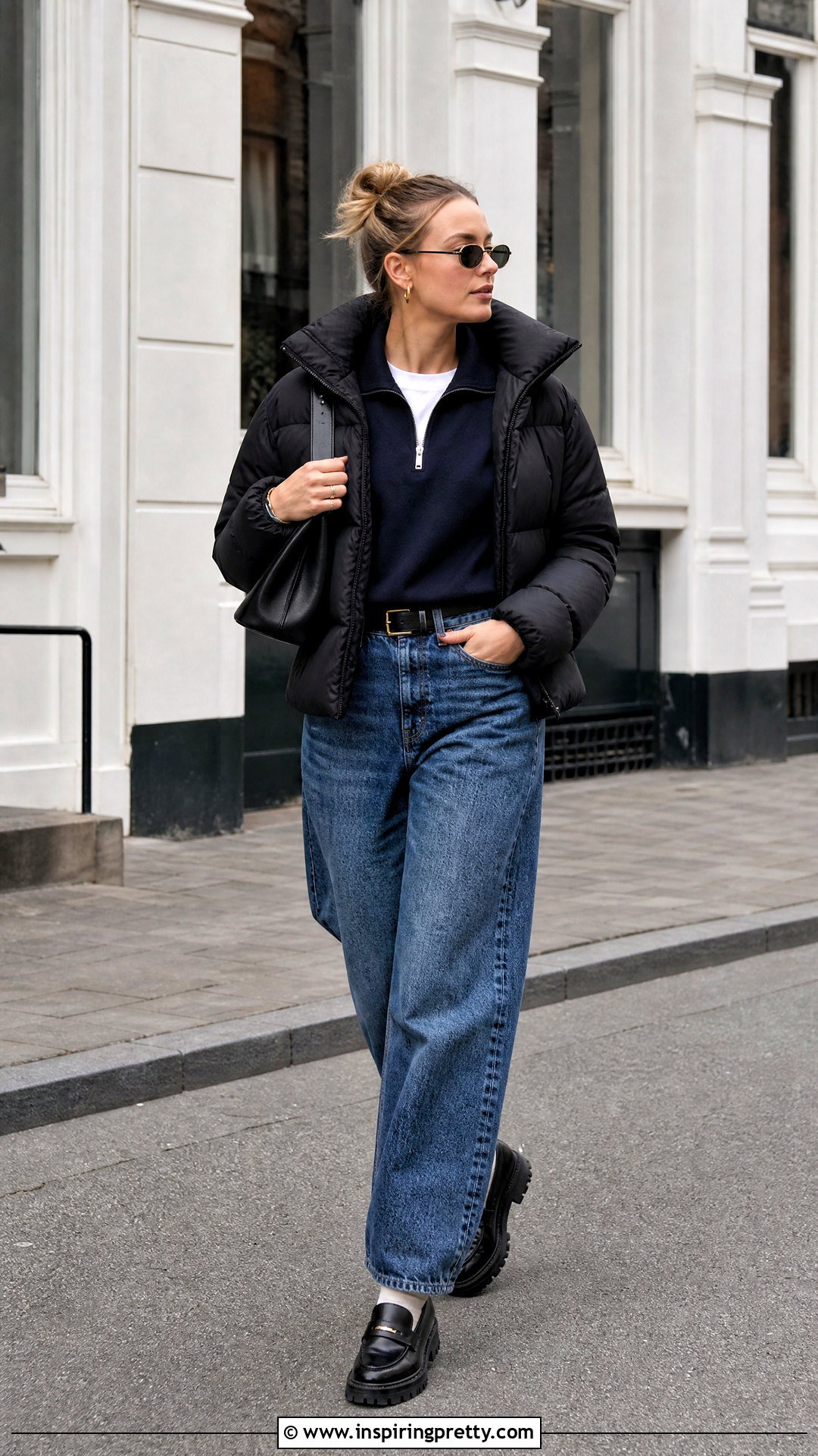 Quarter Zip Sweater With Barrel Jeans - 50 winter tops for women