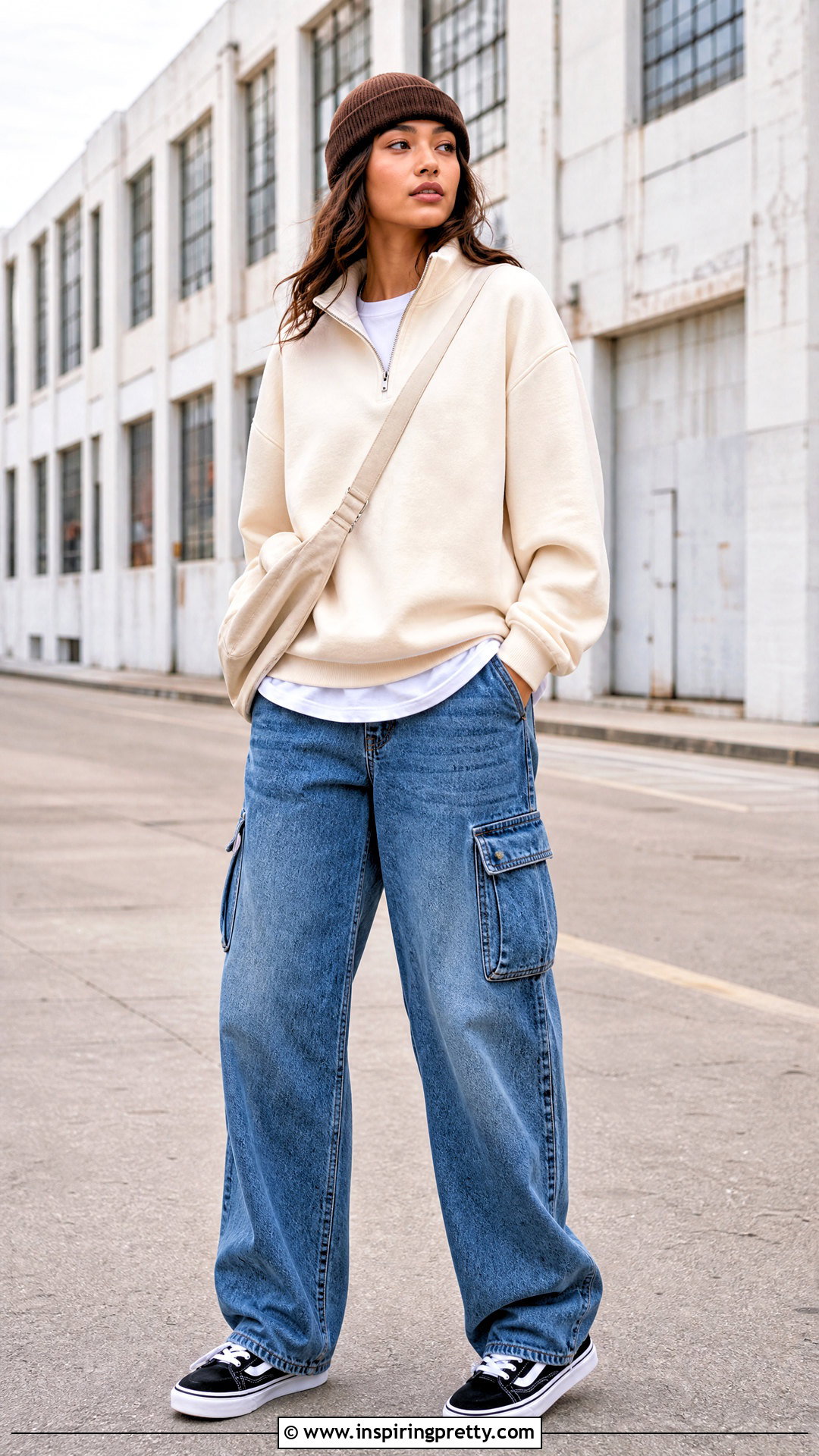 Quarter Zip Sweatshirt And Cargo Jeans Streetwear Outfit - 50 streetwear tops outfit ideas