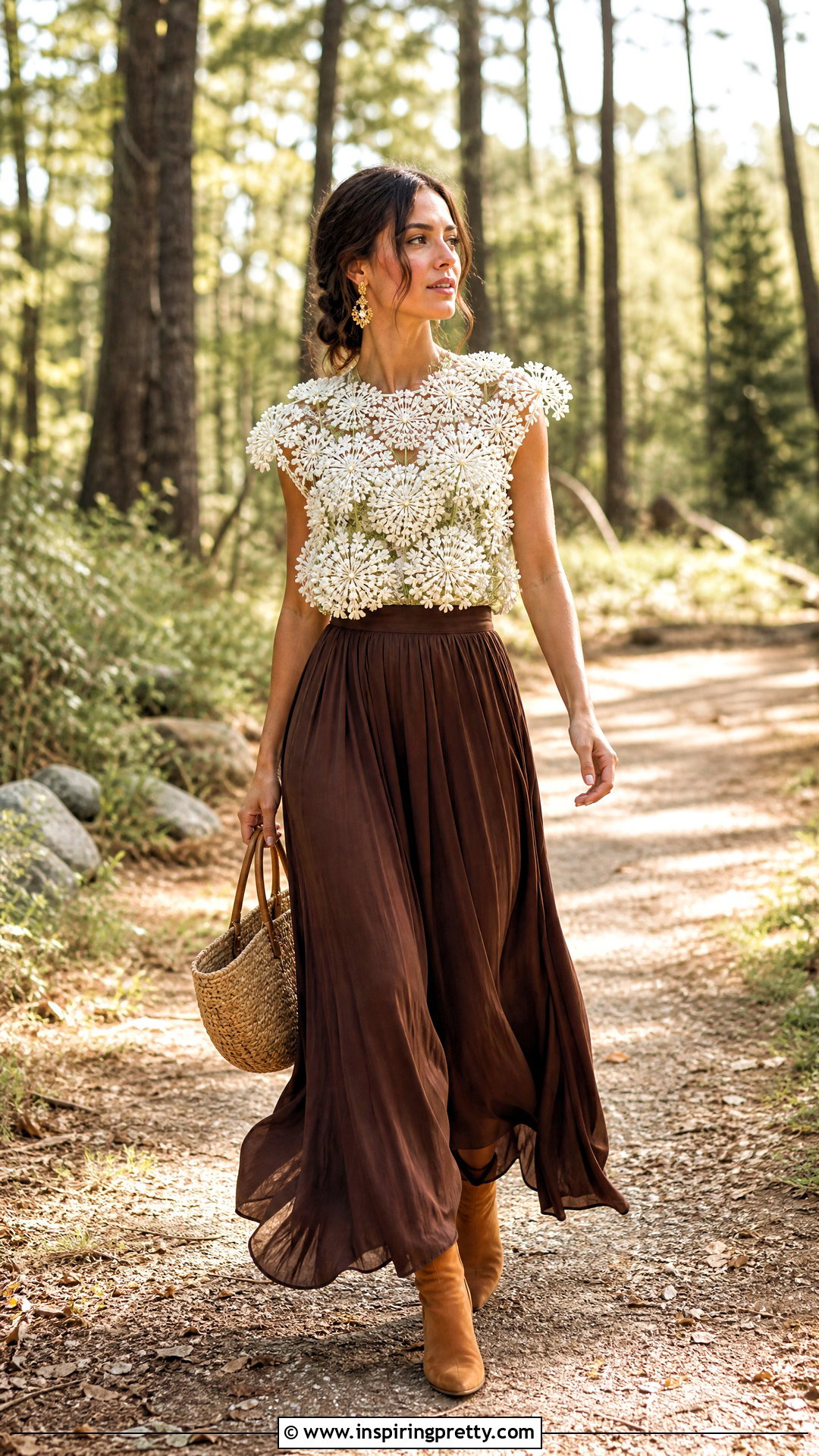 Queen Annes Lace Flower Top With Brown Maxi Skirt - 50 flower top photoshoot ideas