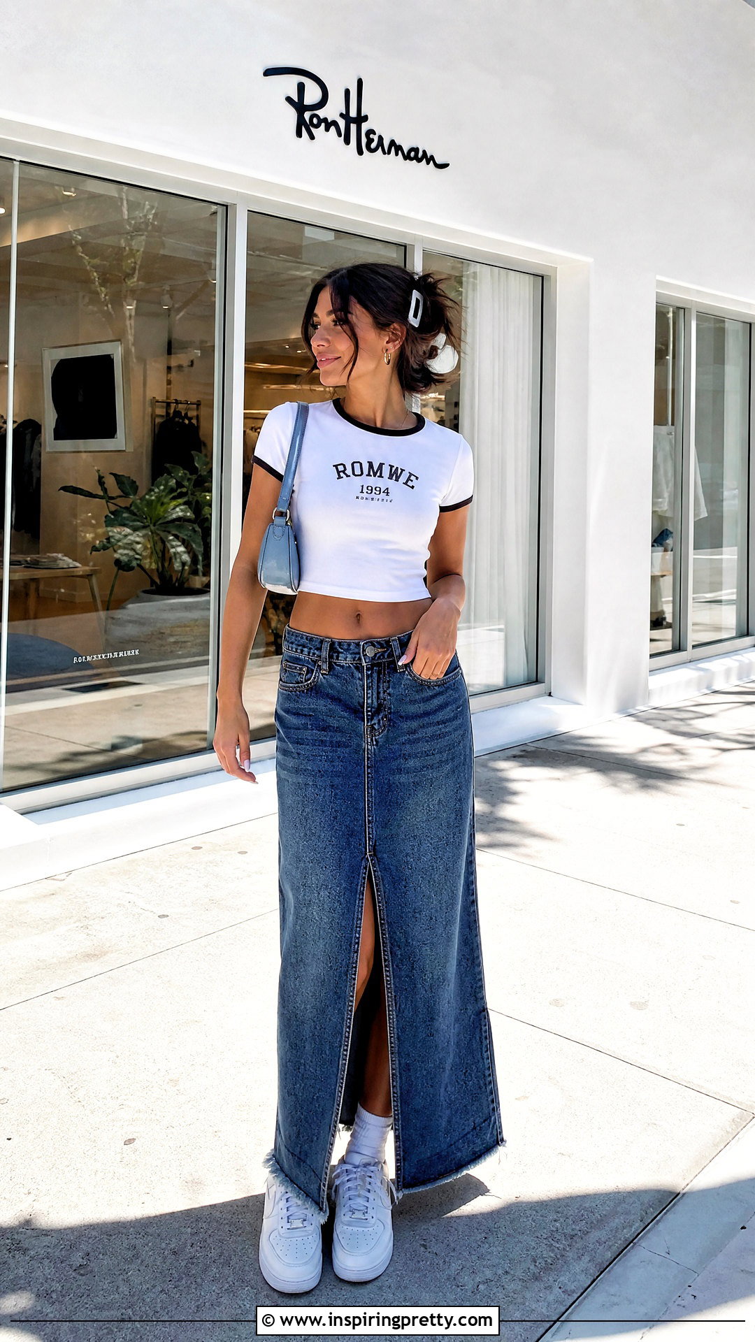 ROMWE Baby Tee With Denim Maxi Skirt - 20 romwe crop tops outfit ideas