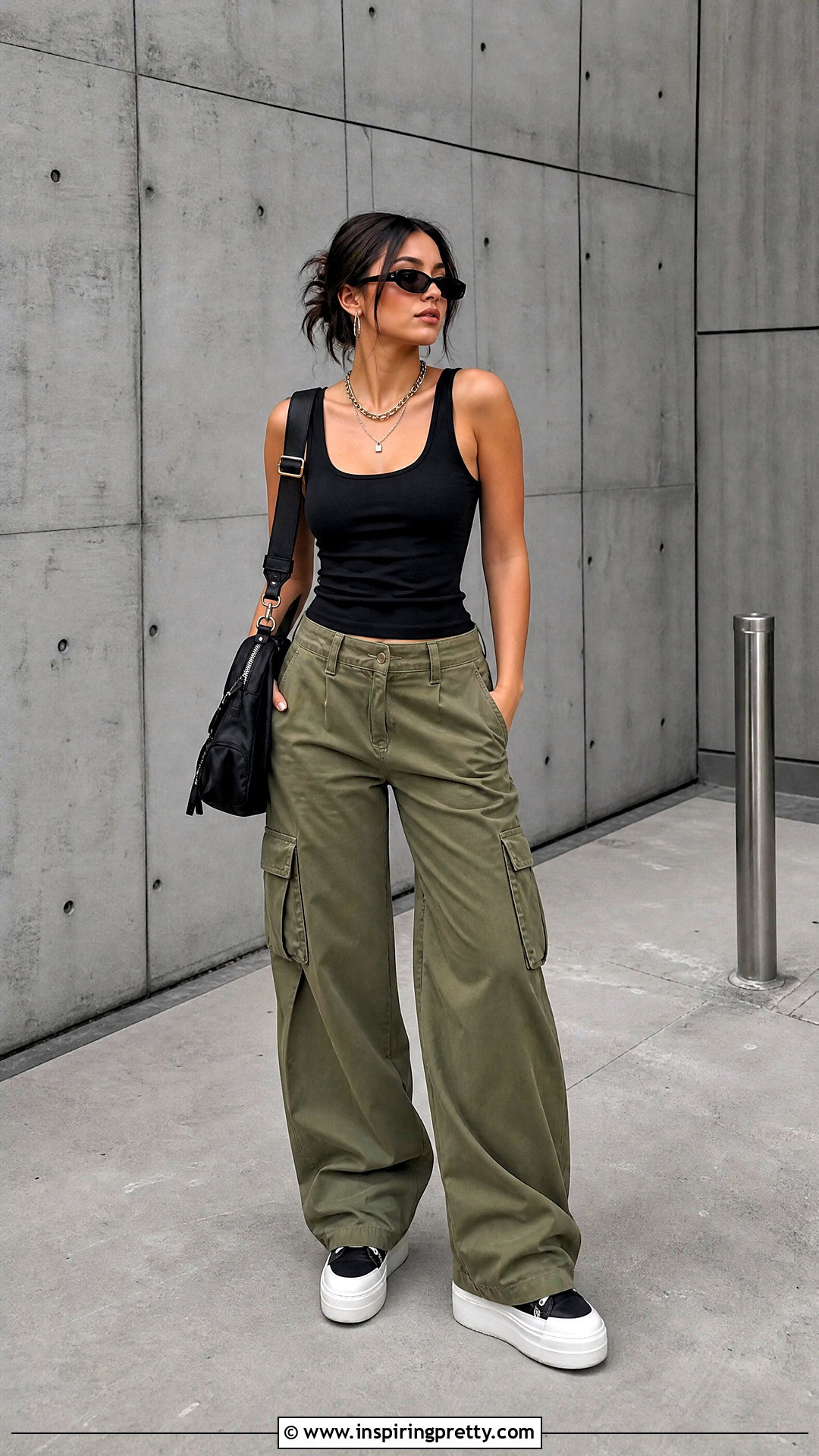ROMWE Black Tank Top With Cargo Pants - 20 romwe tank tops outfit ideas