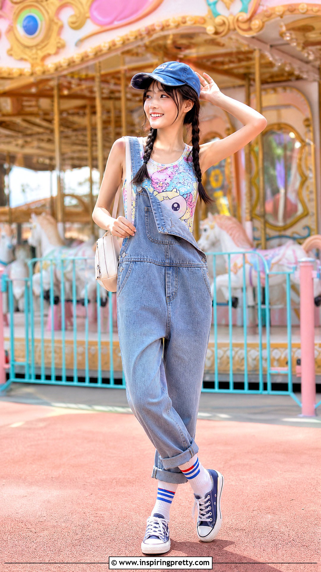 ROMWE Cartoon Tank Top With Overalls - 20 romwe tank tops outfit ideas