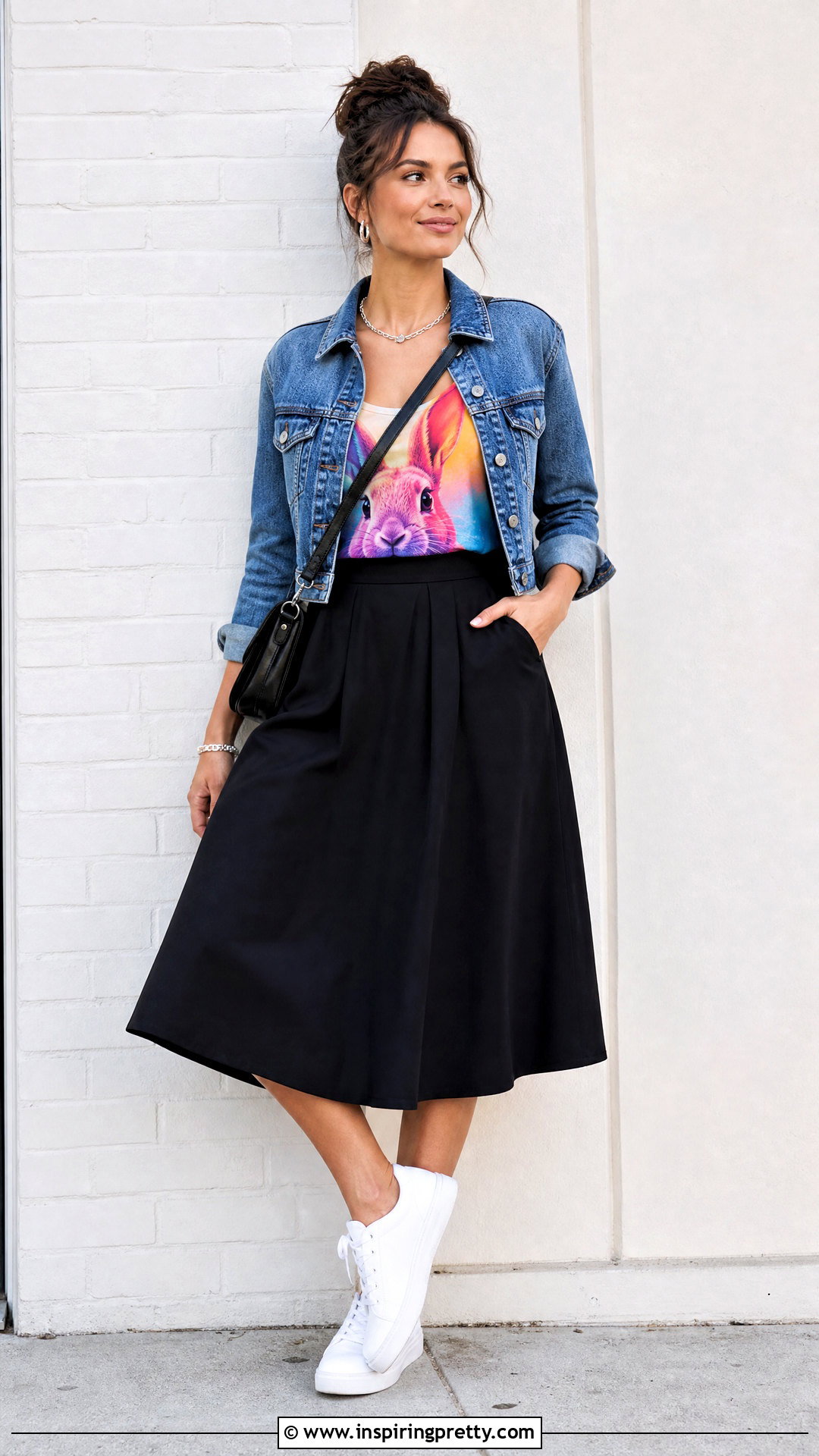 Rabbit Tank Top With Denim Jacket And Black Skirt - 20 rabbit tank top outfit ideas