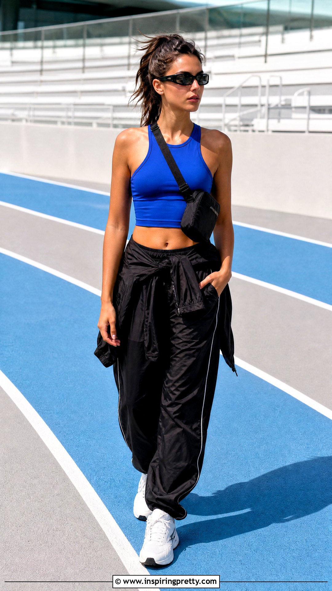 Racerback Crop Top With Nylon Baggy Pants - 50 baggy pants crop top outfit ideas