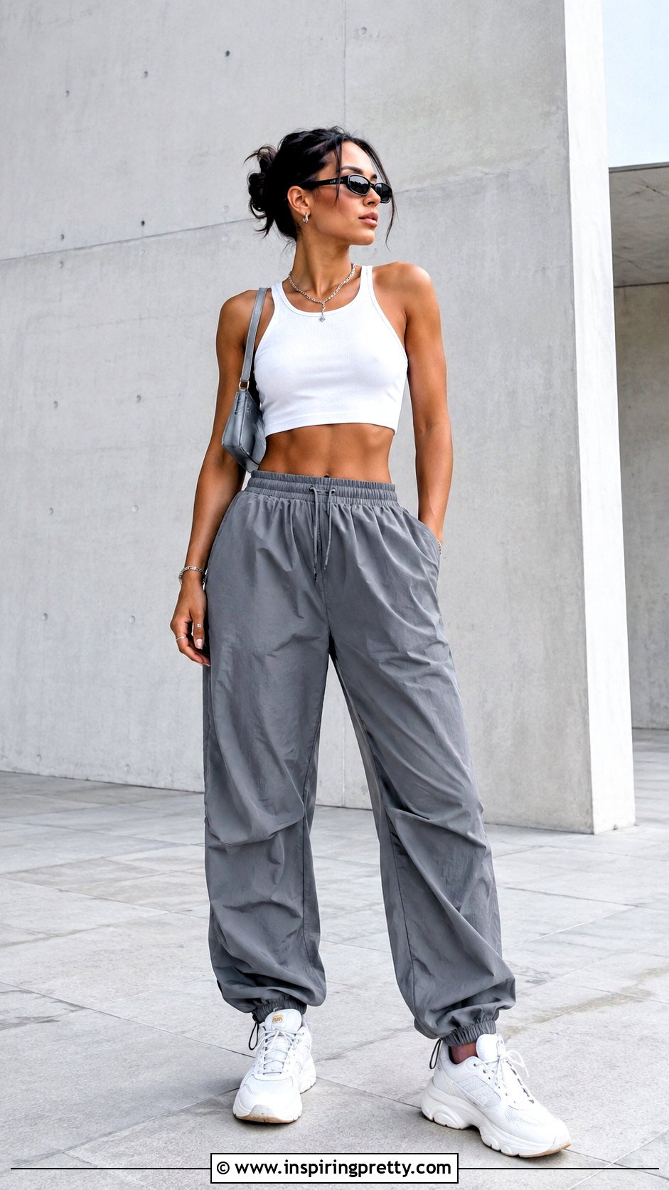 Racerback Short Crop Top With Parachute Pants - 50 short crop tops outfit ideas