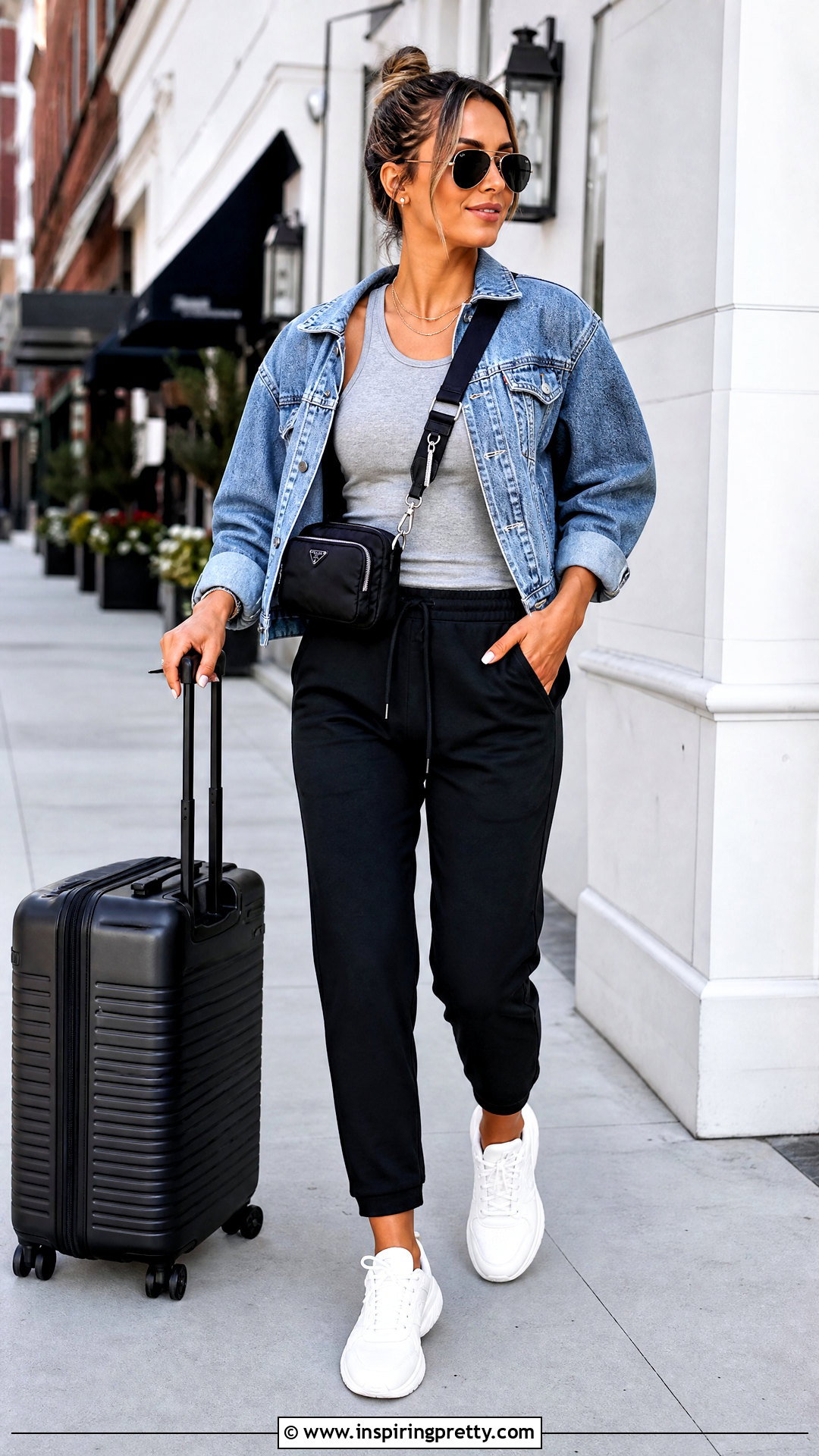 Racerback Tank Top With Joggers And Denim Jacket - 25 Everyday Tank Tops outfit ideas