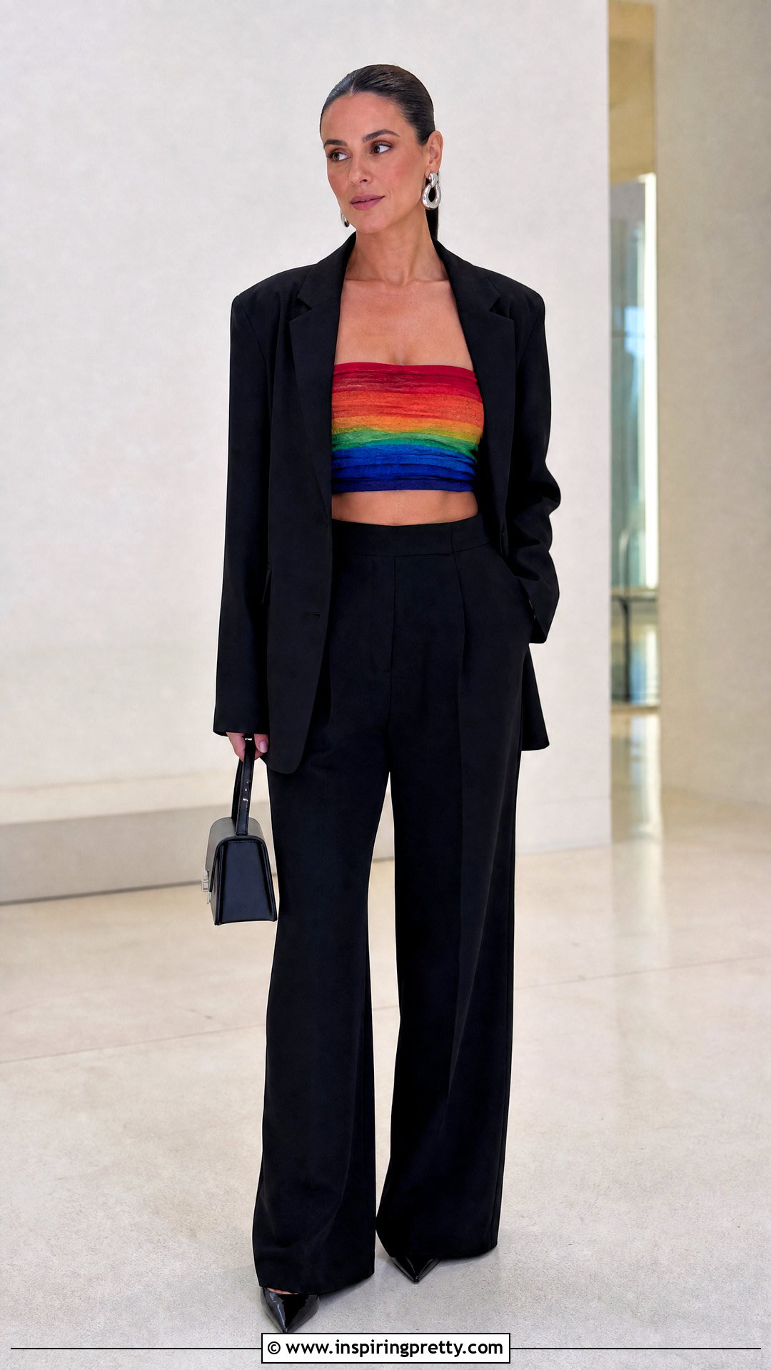 Rainbow Bandeau Top With Black Blazer And Trousers - 20 Rainbow Bandeau Top outfit ideas