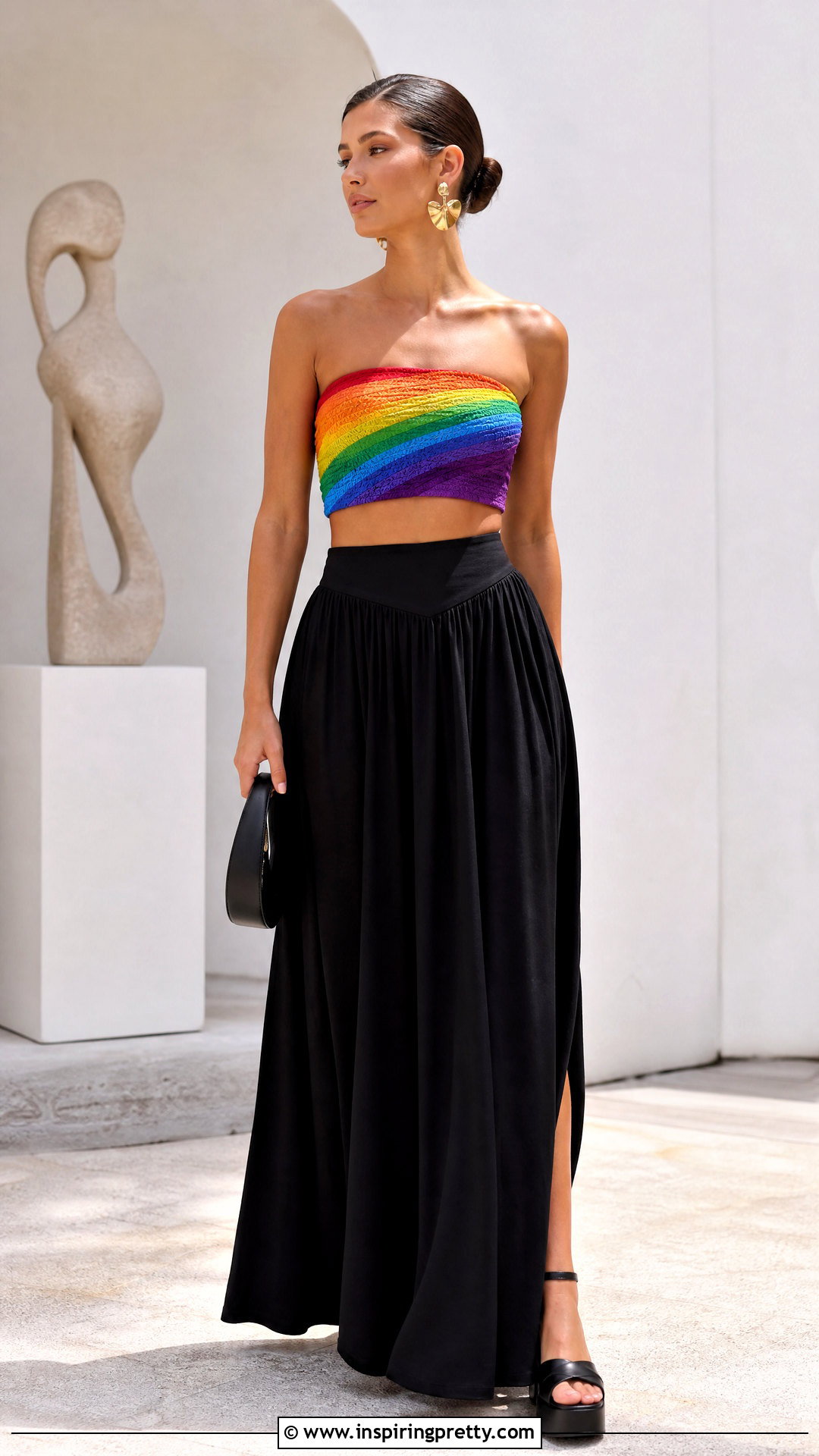 Rainbow Bandeau Top With Black Maxi Skirt - 20 Rainbow Bandeau Top outfit ideas
