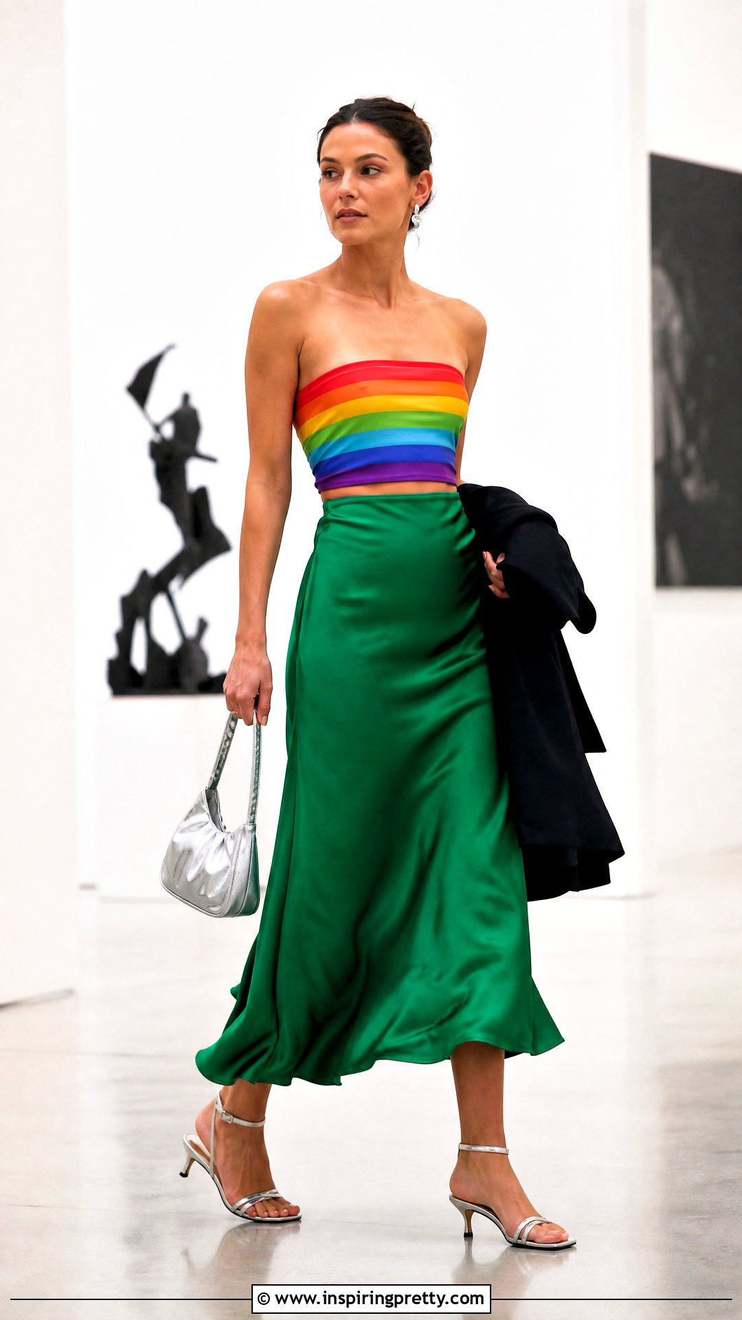 Rainbow Bandeau Top With Green Satin Midi Skirt - 20 Rainbow Bandeau Top outfit ideas