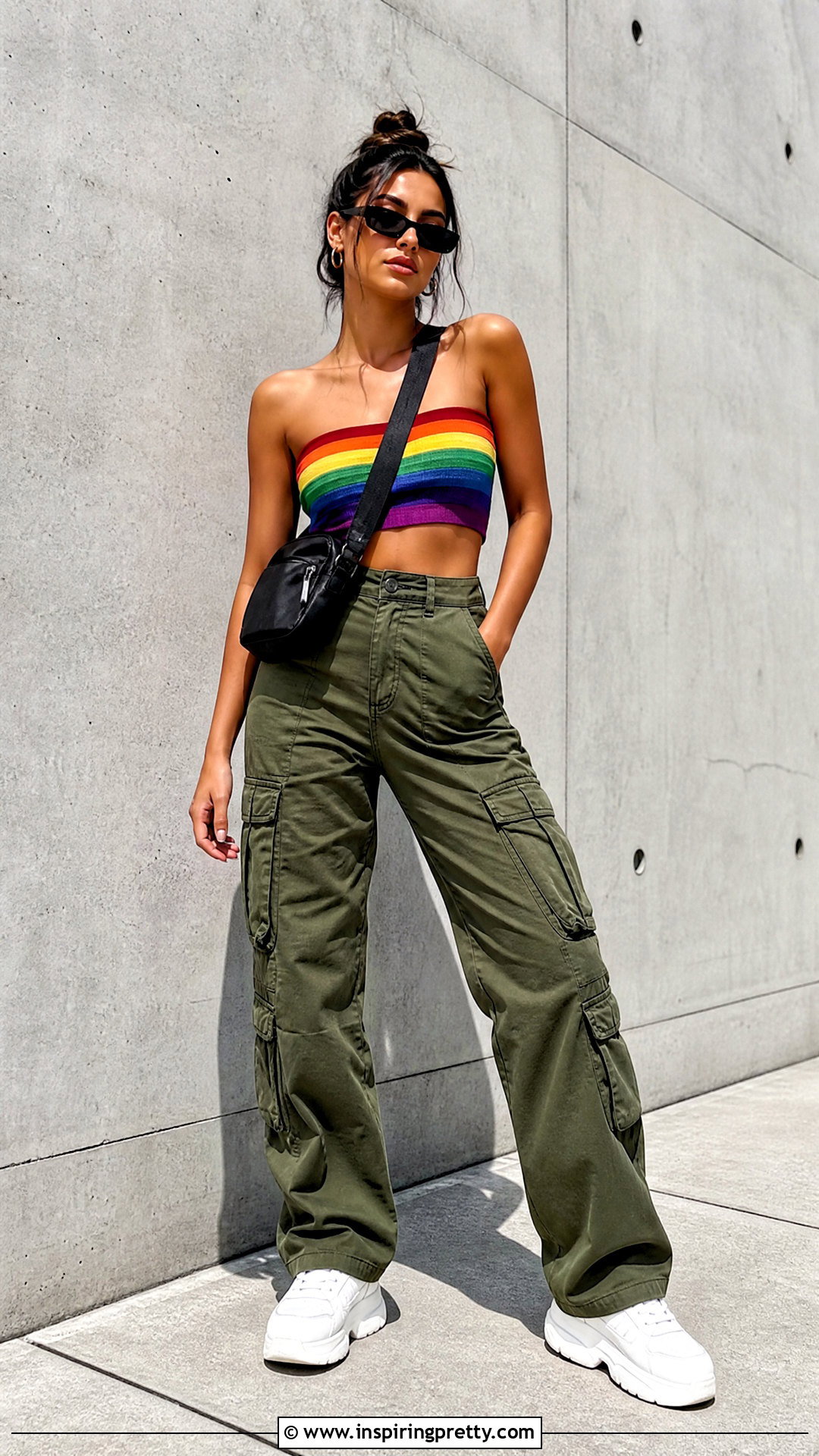 Rainbow Bandeau Top With Olive Cargo Pants - 20 Rainbow Bandeau Top outfit ideas