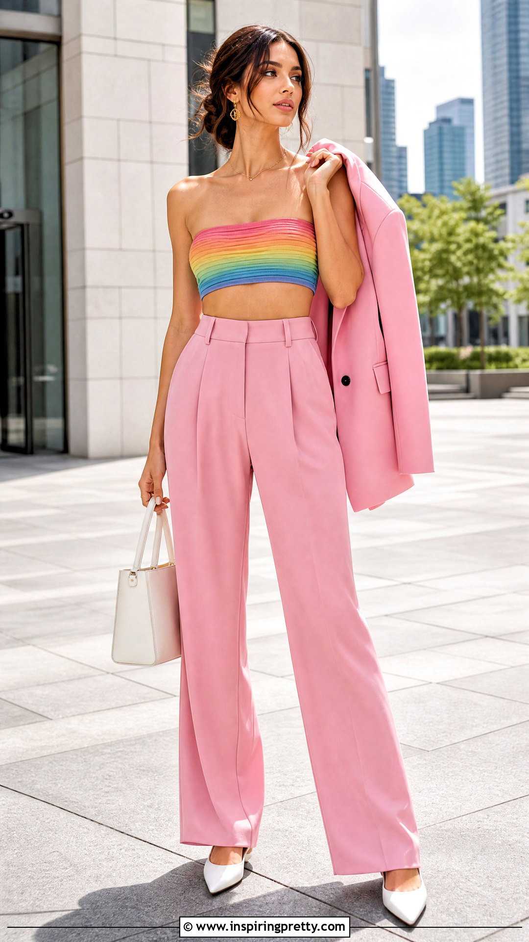 Rainbow Bandeau Top With Pink Tailored Trousers - 20 Rainbow Bandeau Top outfit ideas