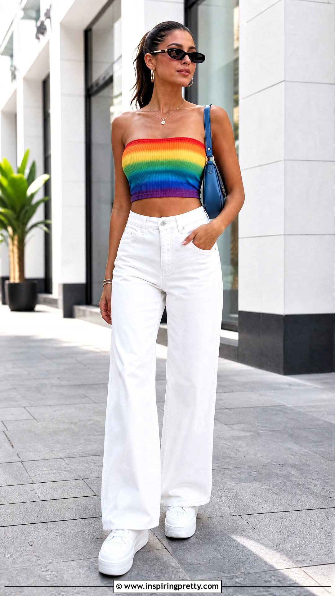 Rainbow Bandeau Top With White Wide Leg Jeans - 20 Rainbow Bandeau Top outfit ideas