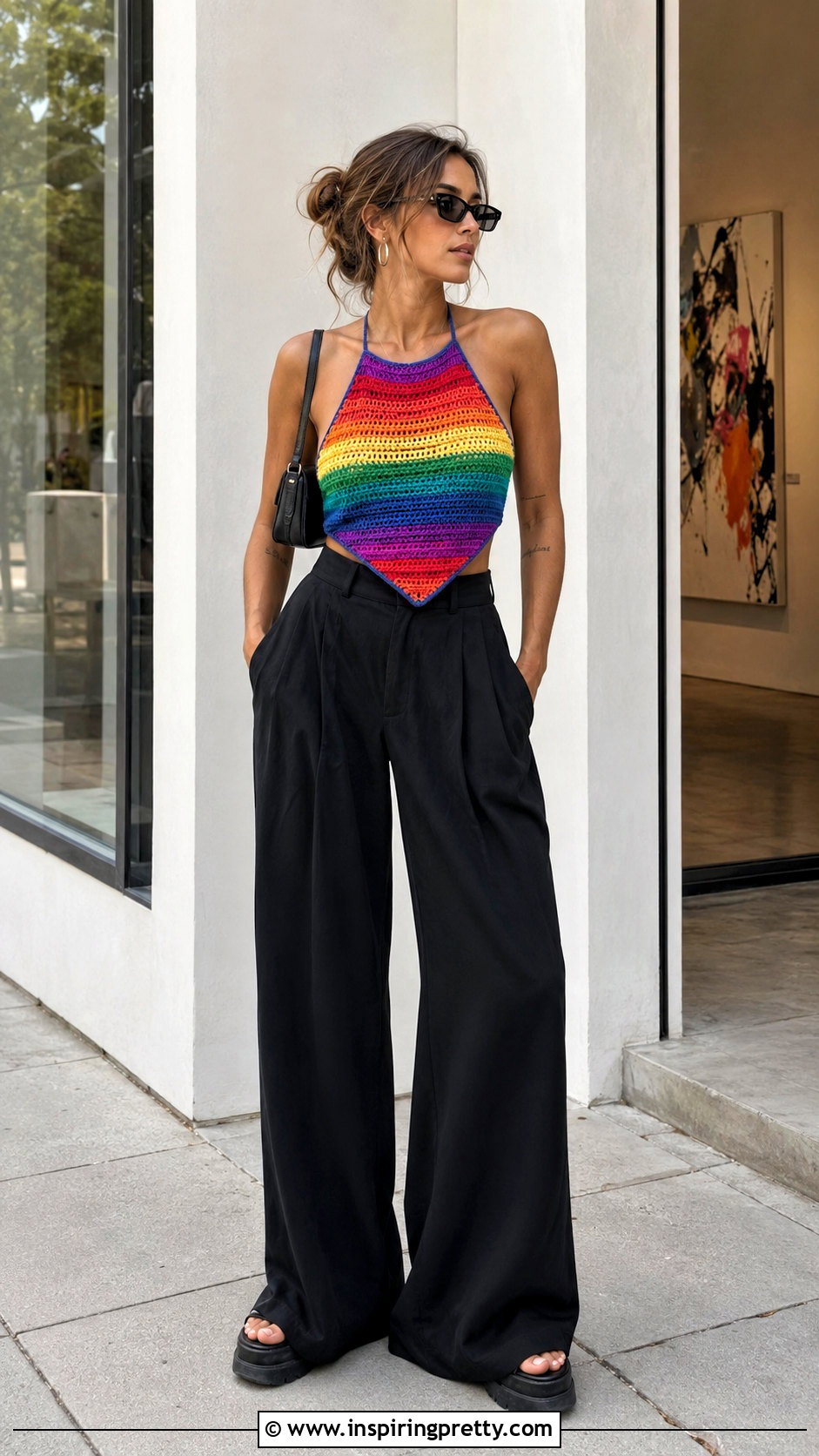 Rainbow Crochet Top With Black Wide Leg Trousers - 20 rainbow crochet summer top outfit ideas