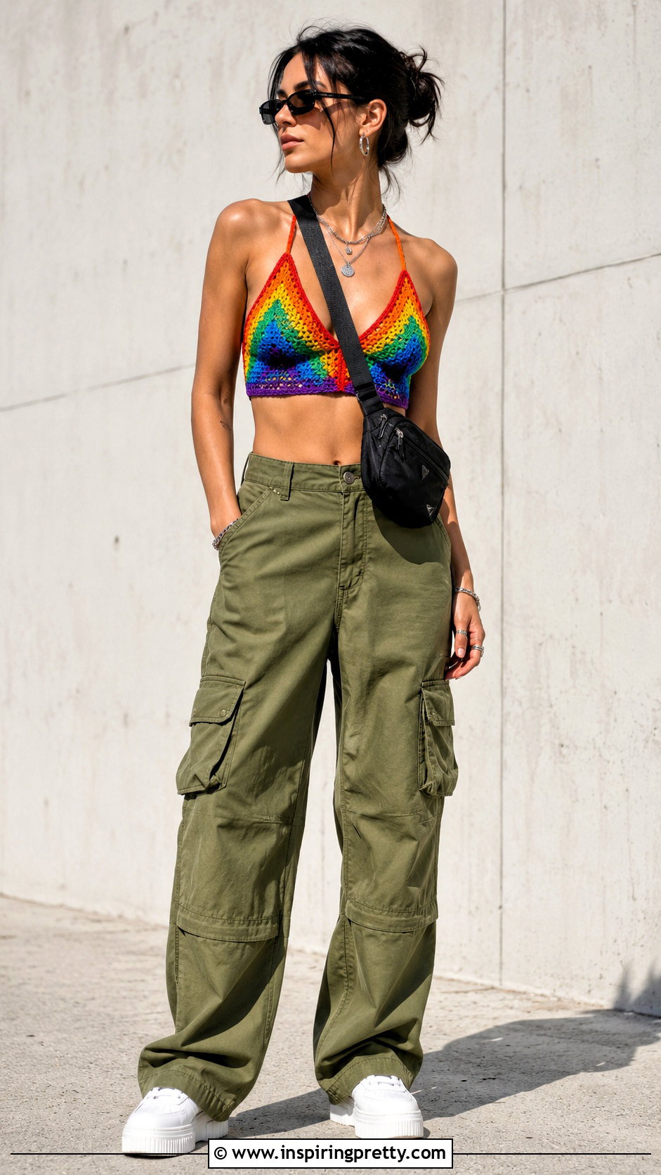 Rainbow Crochet Top With Cargo Pants - 20 rainbow crochet summer top outfit ideas