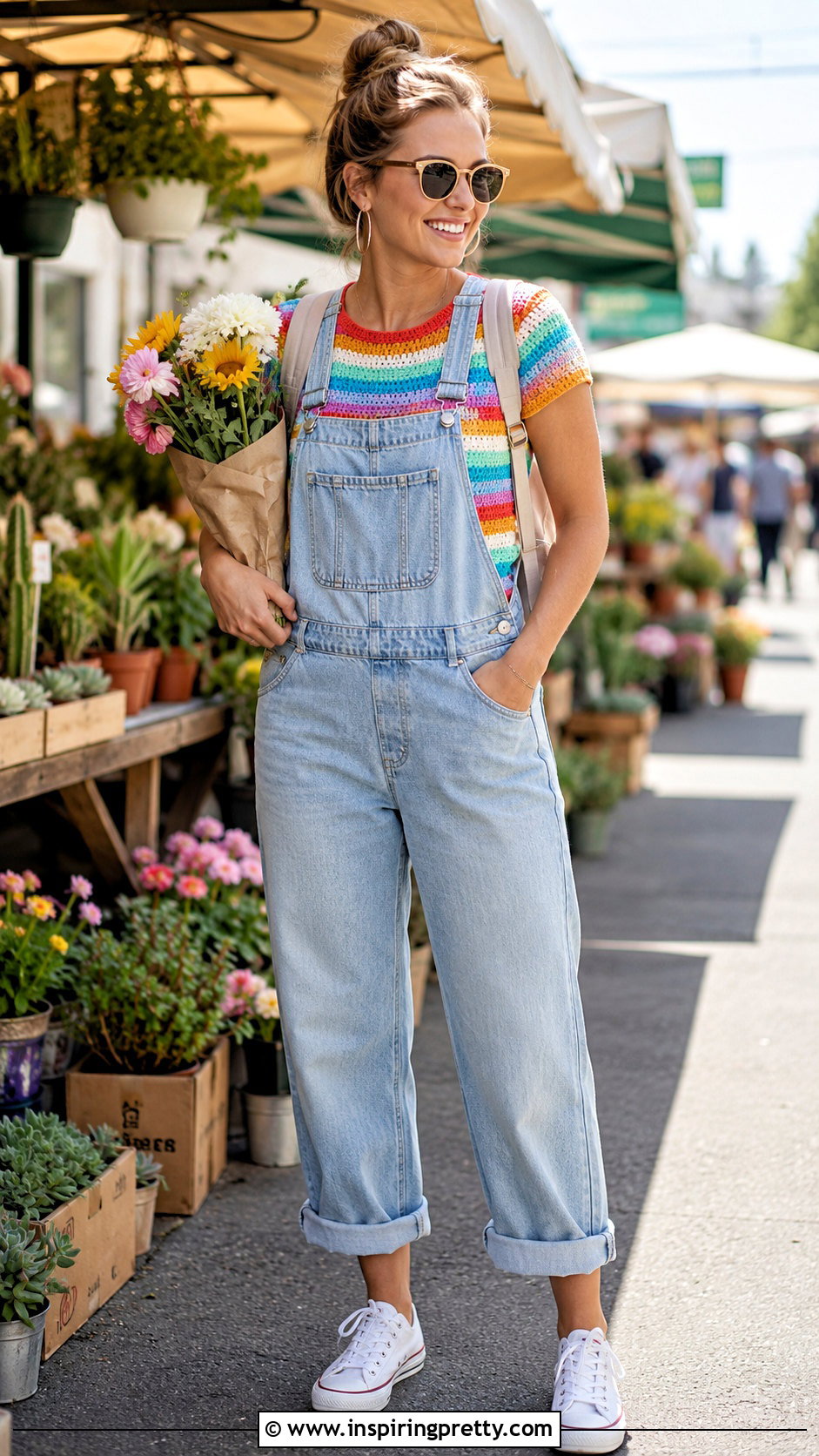 Rainbow Crochet Top With Denim Overalls - 20 rainbow crochet summer top outfit ideas