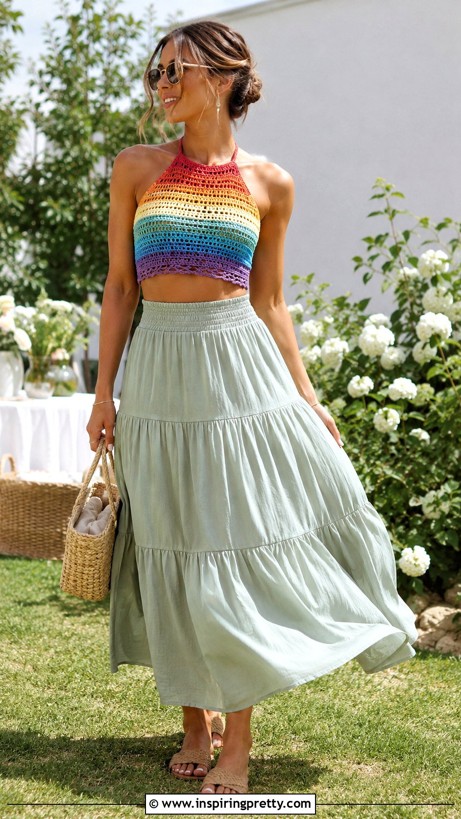 Rainbow Crochet Top With Tiered Midi Skirt - 20 rainbow crochet summer top outfit ideas