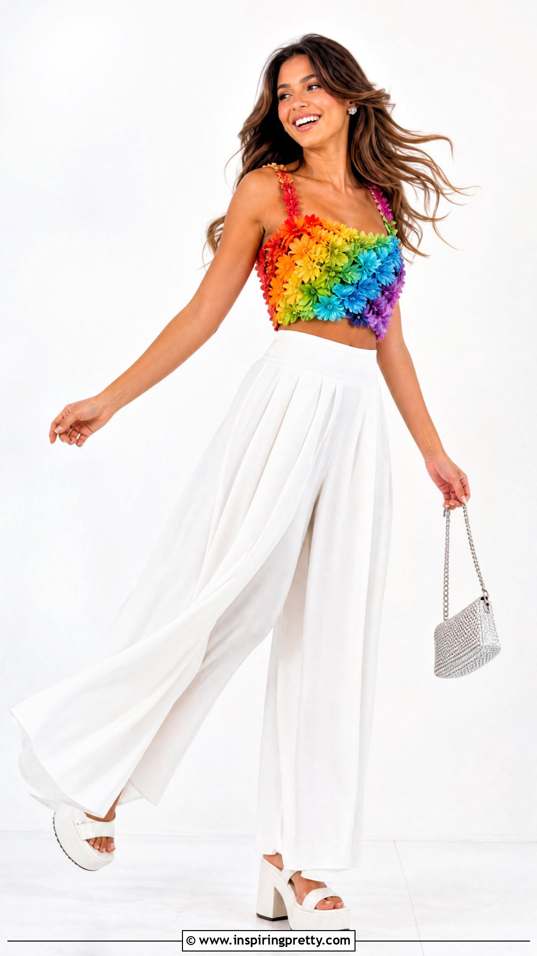 Rainbow Flower Top With White Palazzo Pants - 50 flower top photoshoot ideas