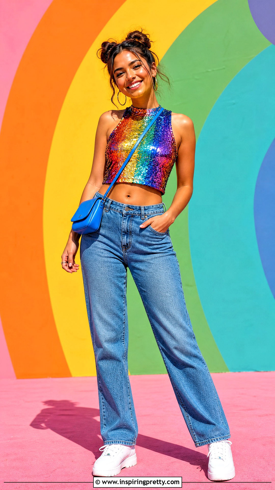 Rainbow Glittery Top With Blue Jeans - 50 glittery top outfits