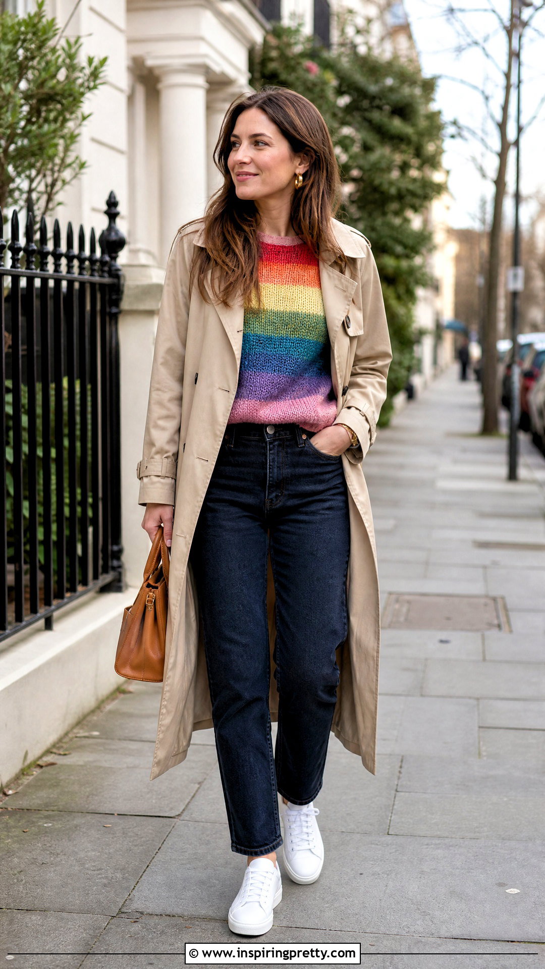 Rainbow Knit Top With Beige Trench Coat - 25 rainbow knit top outfit ideas