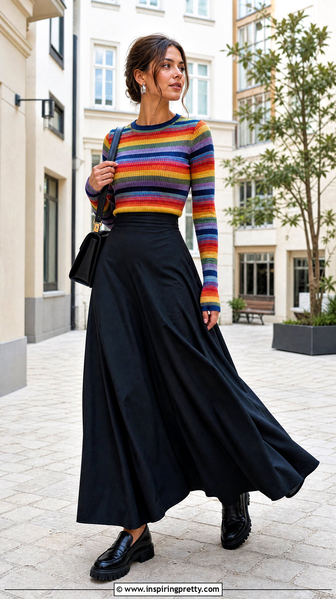 Rainbow Knit Top With Black Maxi Skirt - 25 rainbow knit top outfit ideas