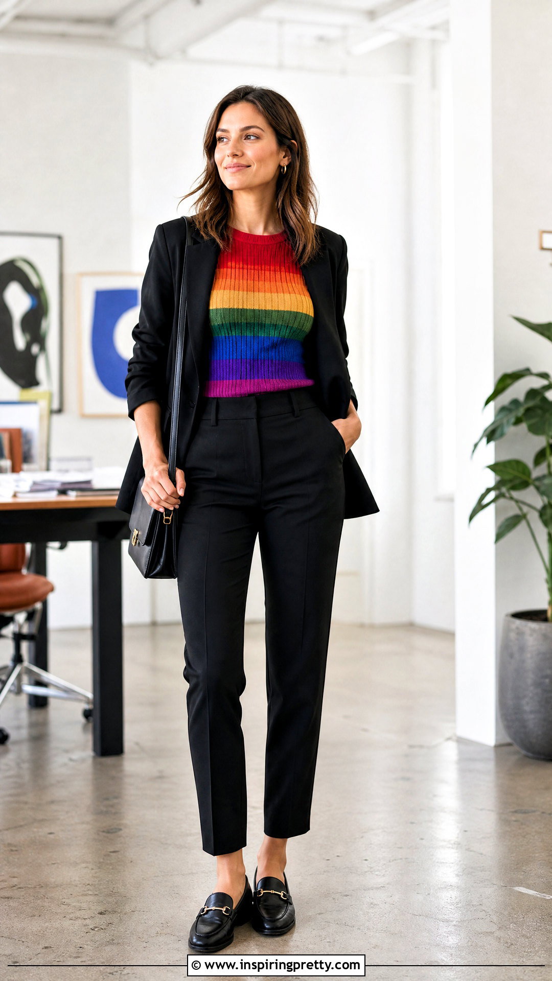 Rainbow Knit Top With Black Trousers - 25 rainbow knit top outfit ideas