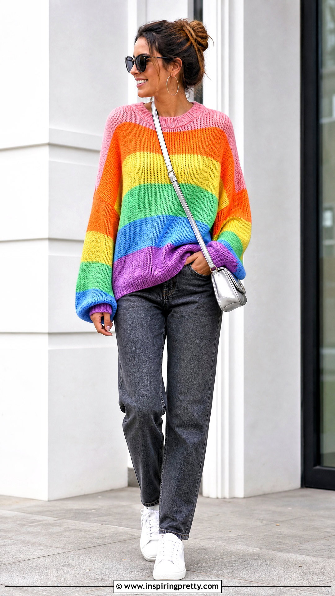 Rainbow Knit Top With Gray Jeans - 25 rainbow knit top outfit ideas