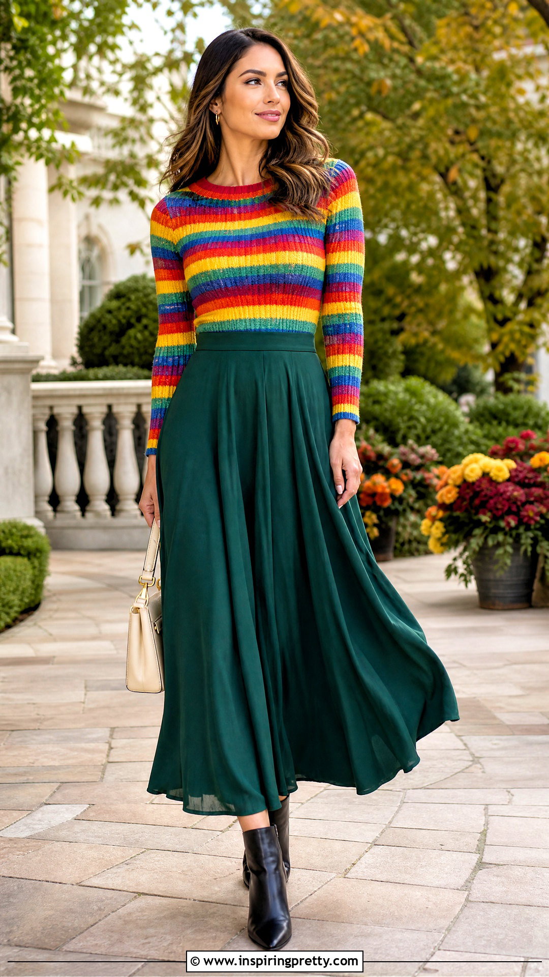 Rainbow Knit Top With Green Maxi Skirt - 25 rainbow knit top outfit ideas