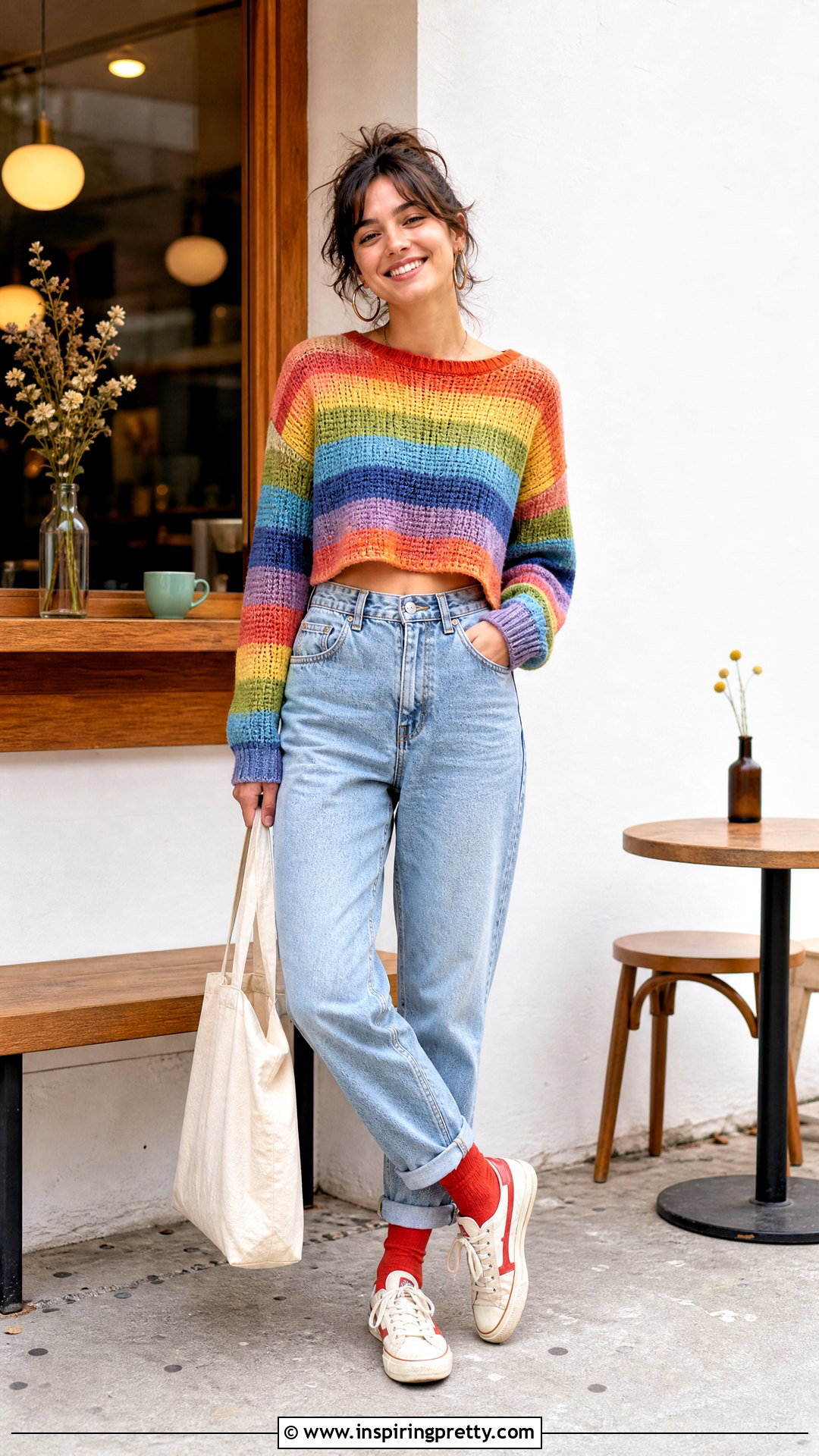 Rainbow Knit Top With Light Wash Mom Jeans - 25 rainbow knit top outfit ideas