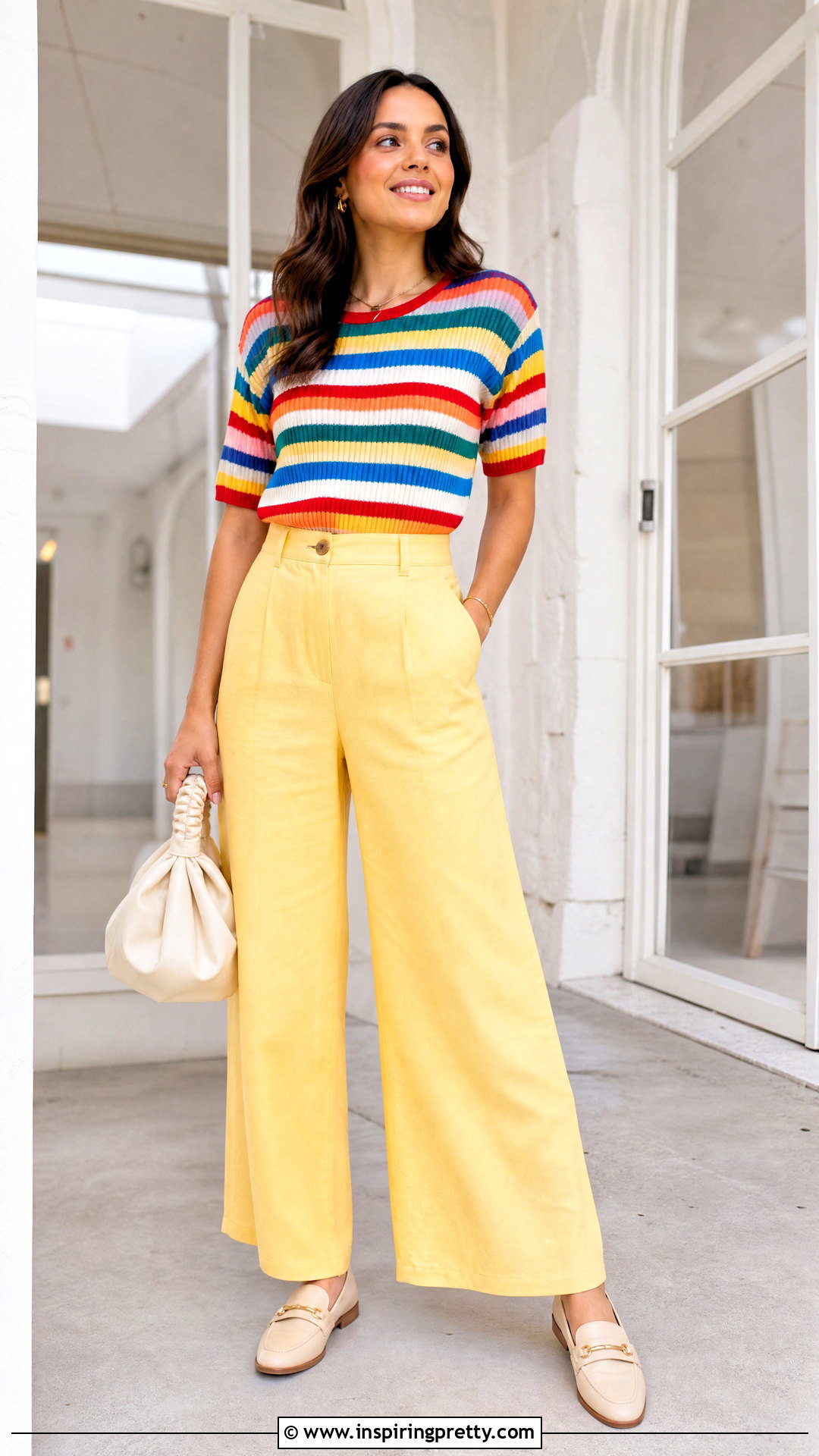 Rainbow Knit Top With Yellow Pants - 25 rainbow knit top outfit ideas