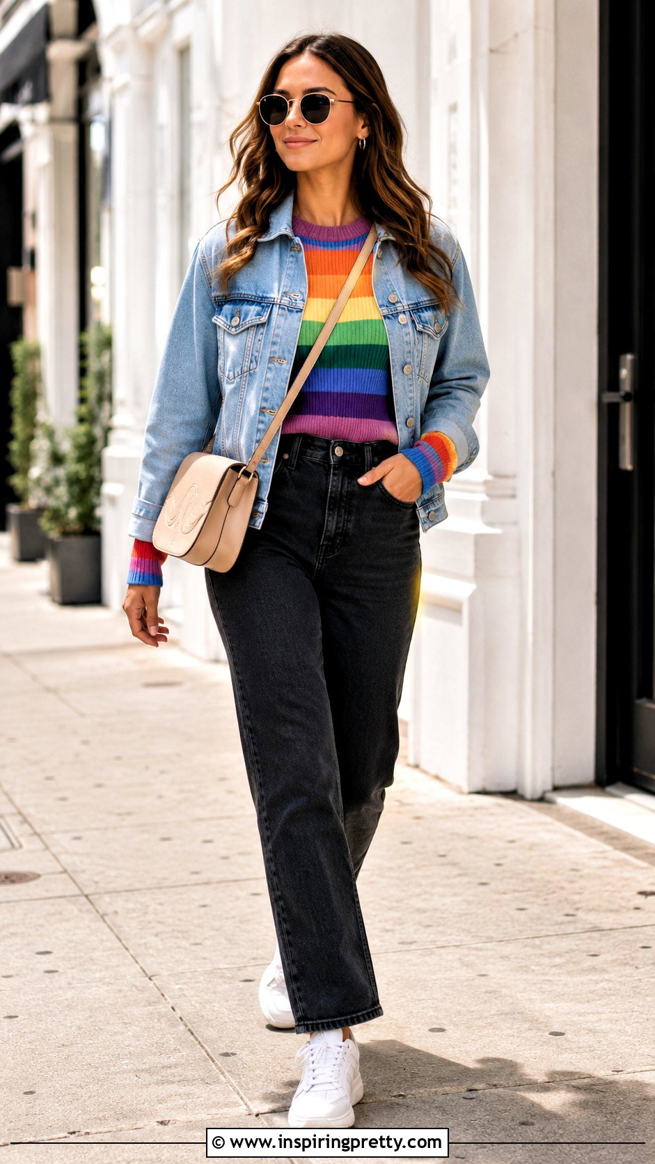 Rainbow Long Sleeve Top Under A Denim Jacket - 20 rainbow long sleeve top outfit ideas