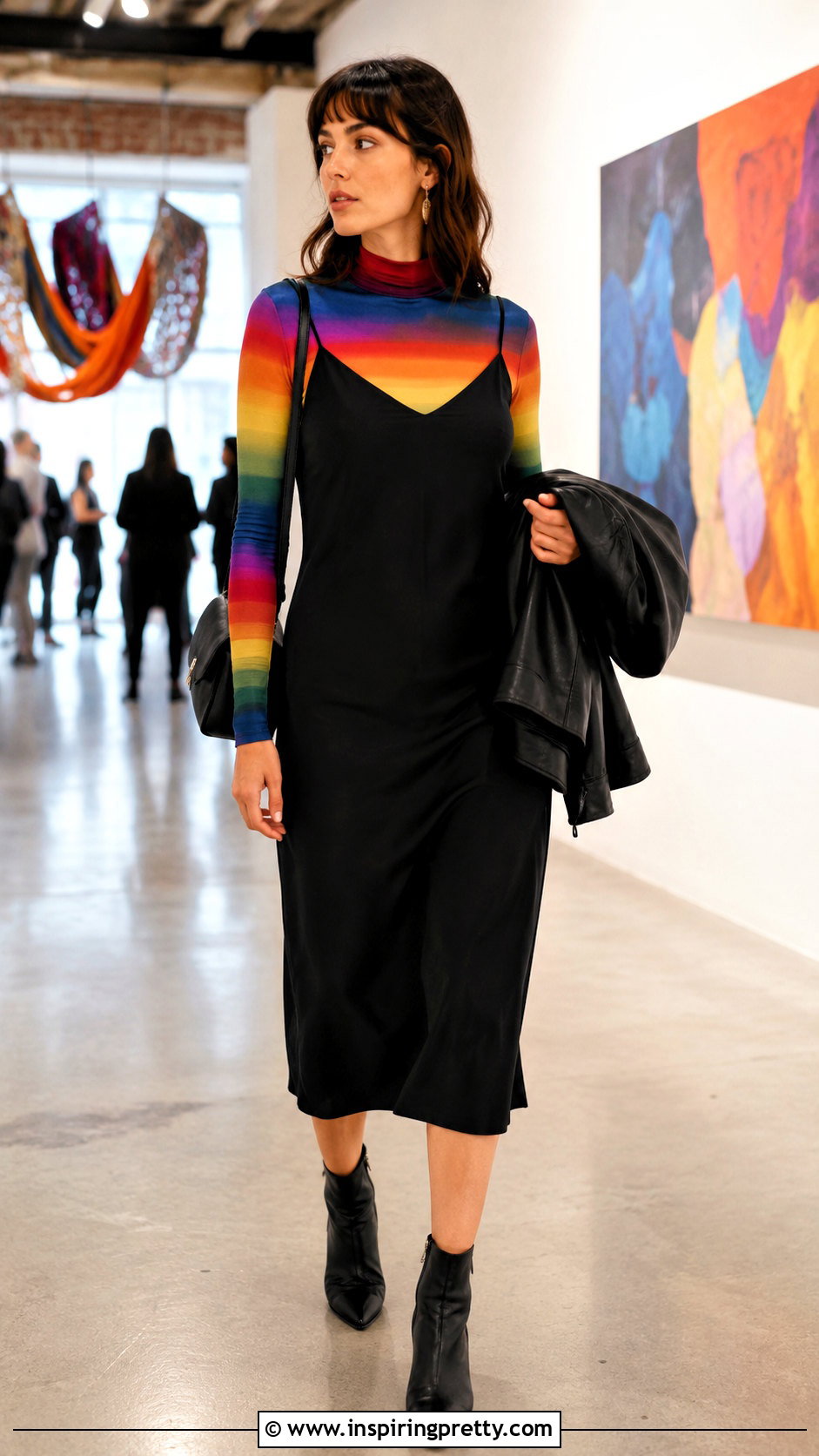 Rainbow Long Sleeve Top Under A Slip Dress - 20 rainbow long sleeve top outfit ideas