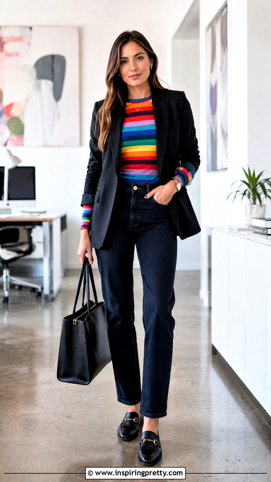 Rainbow Long Sleeve Top With A Blazer - 20 rainbow long sleeve top outfit ideas