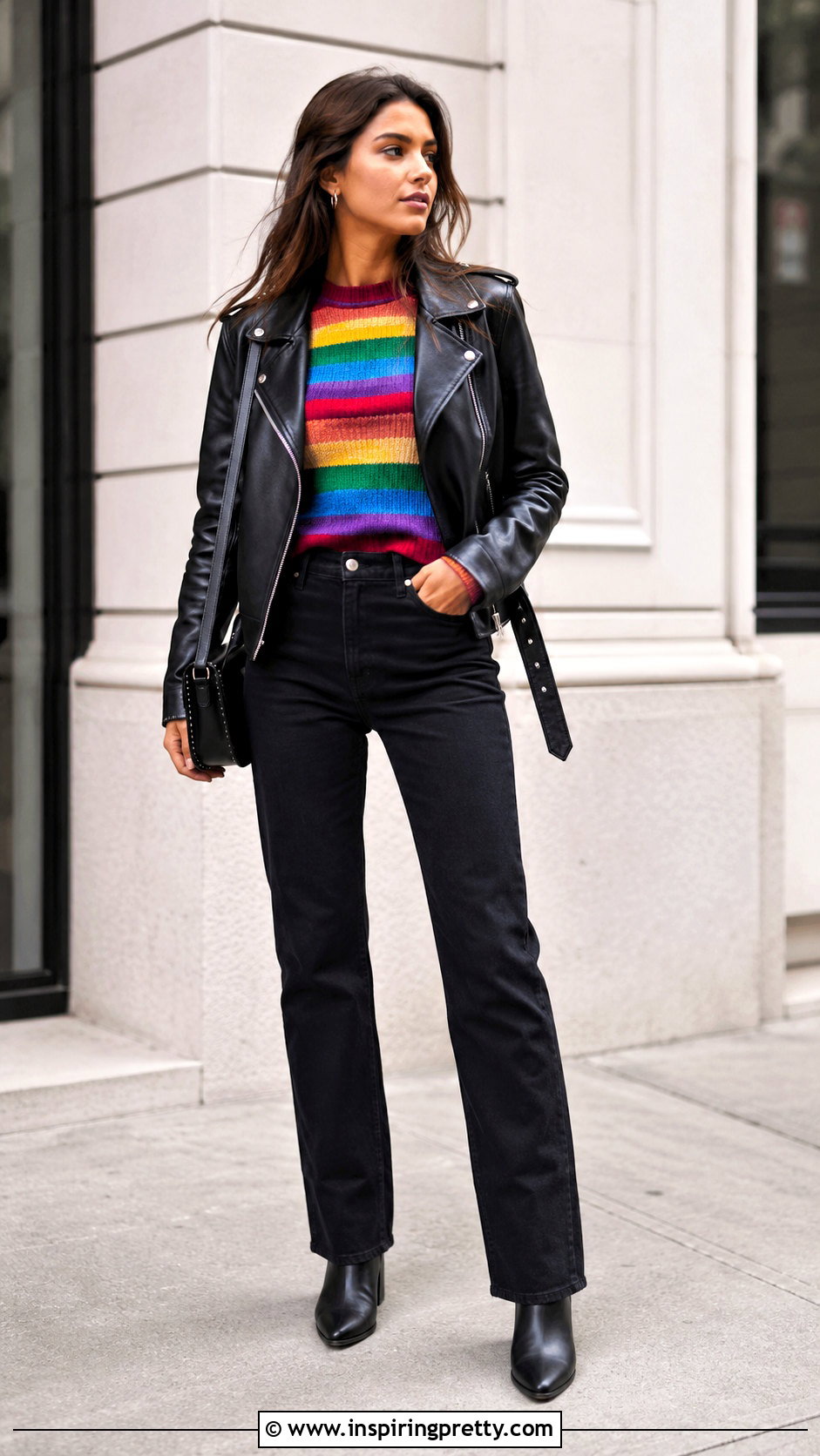 Rainbow Long Sleeve Top With A Leather Jacket - 20 rainbow long sleeve top outfit ideas