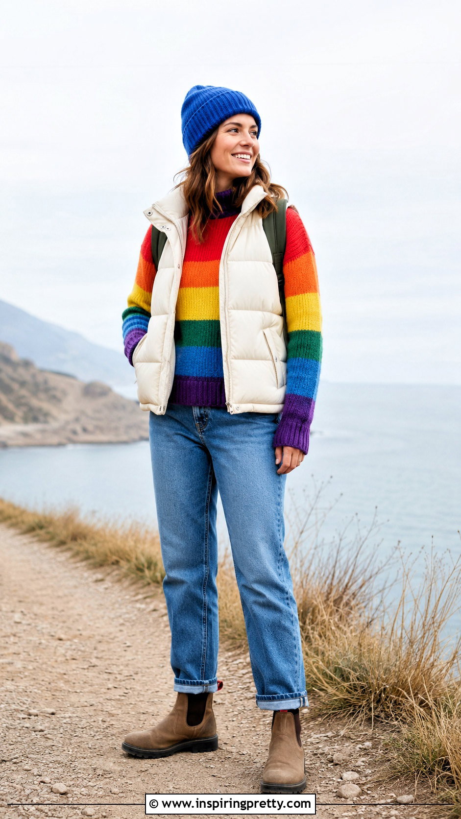 Rainbow Long Sleeve Top With A Puffer Vest - 20 rainbow long sleeve top outfit ideas