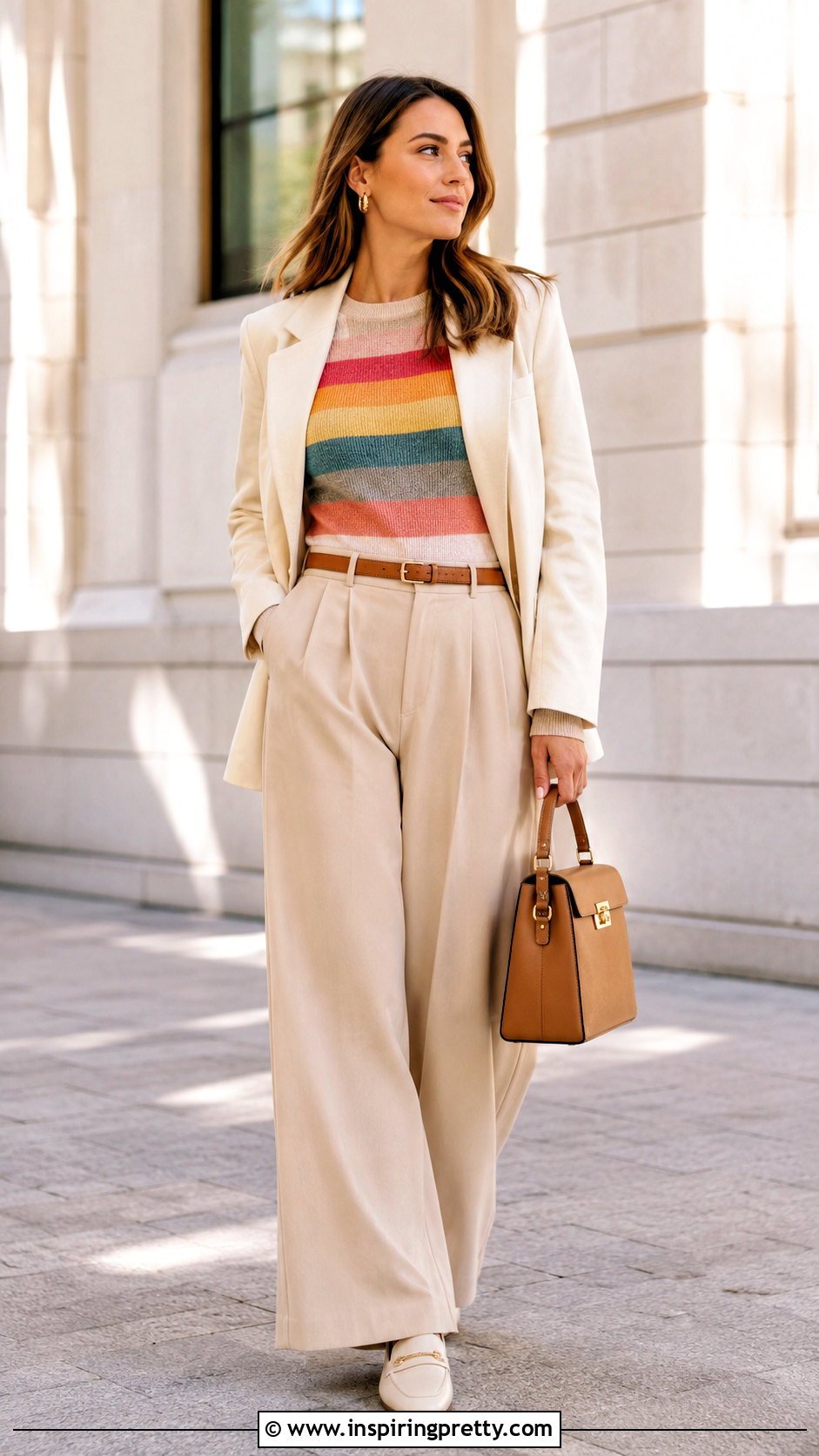 Rainbow Long Sleeve Top With Beige Trousers - 20 rainbow long sleeve top outfit ideas