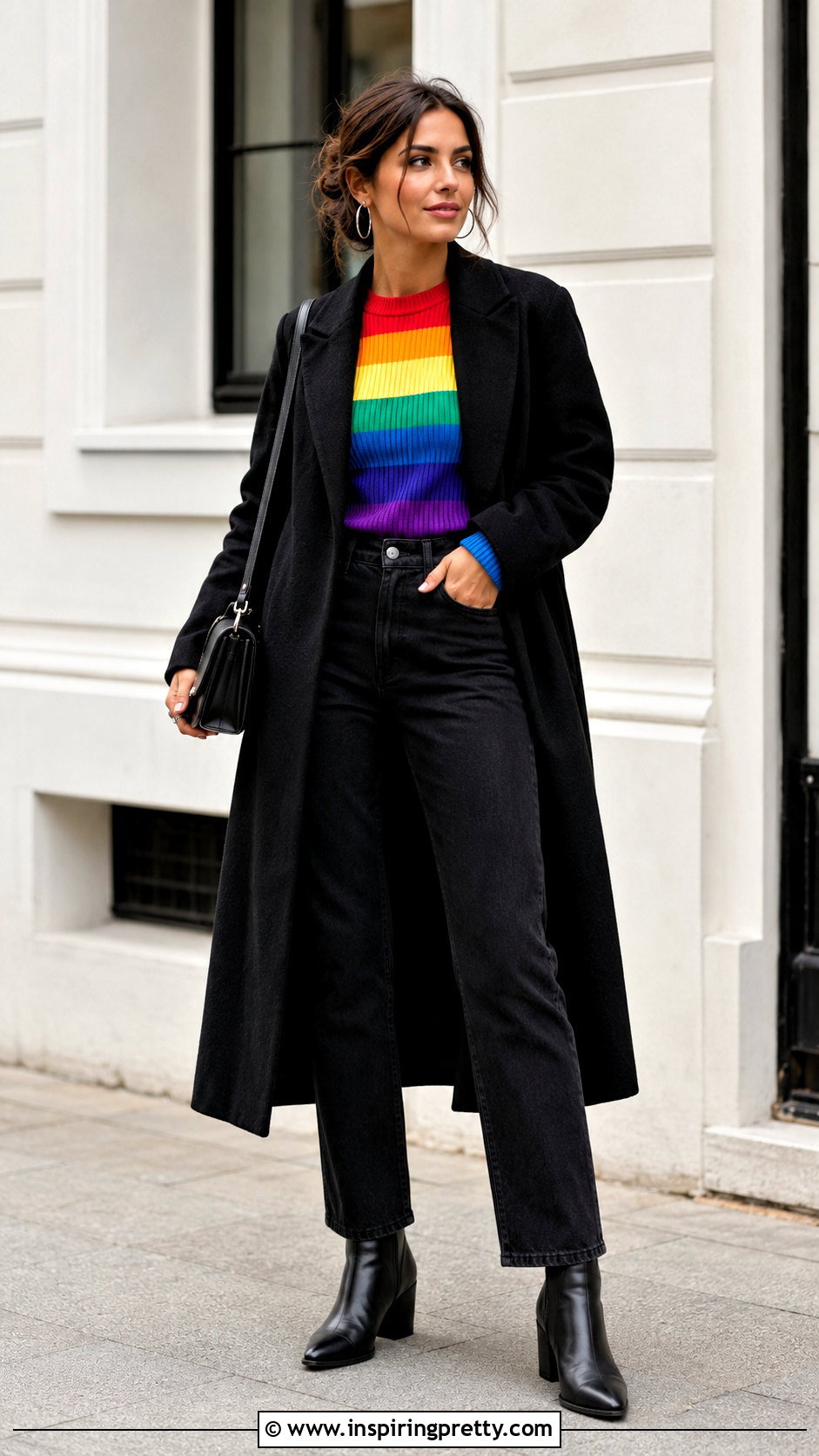 Rainbow Long Sleeve Top With Black Jeans - 20 rainbow long sleeve top outfit ideas