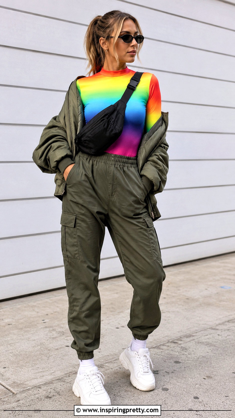 Rainbow Long Sleeve Top With Cargo Pants - 20 rainbow long sleeve top outfit ideas