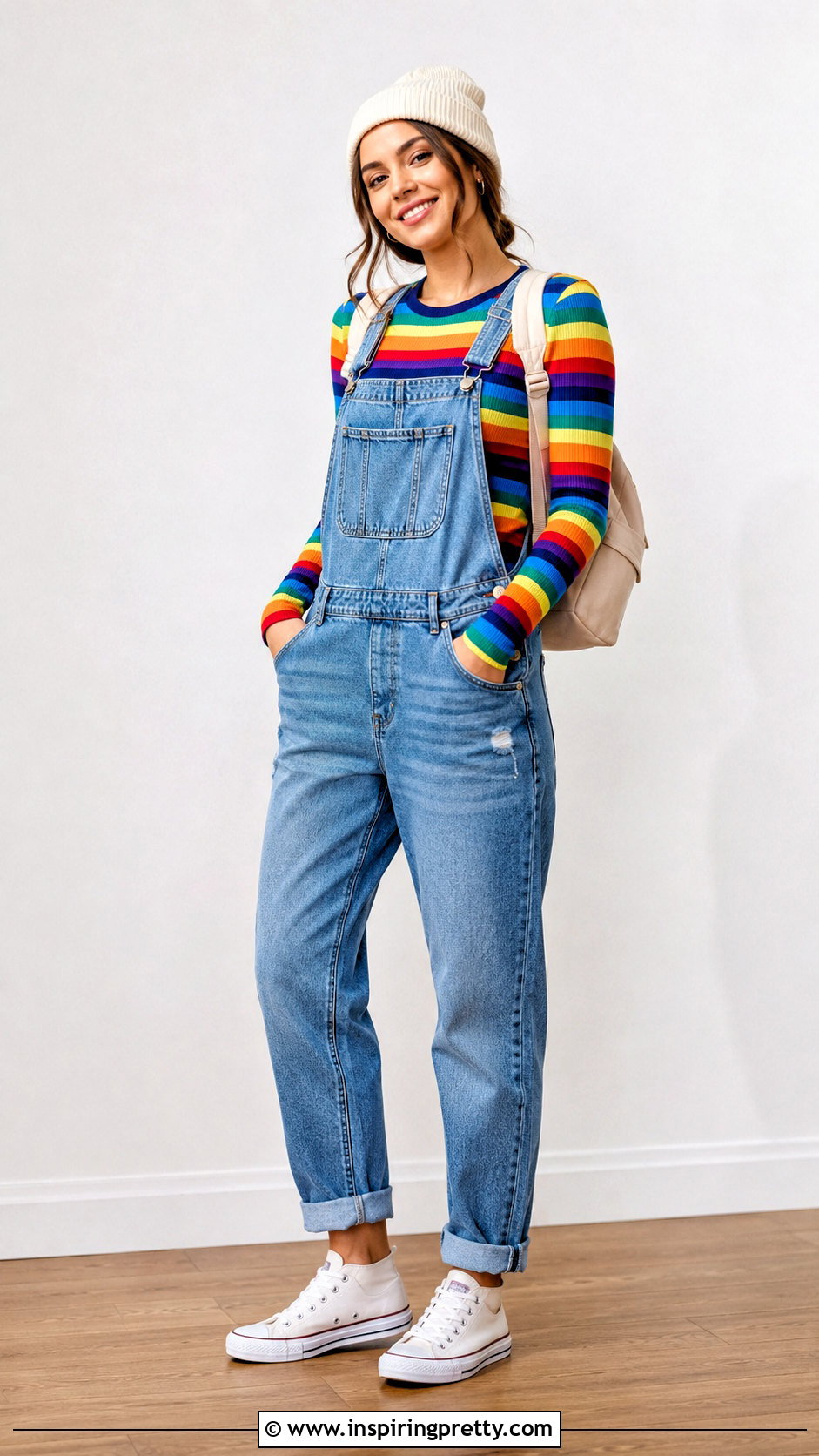 Rainbow Long Sleeve Top With Denim Overalls - 20 rainbow long sleeve top outfit ideas