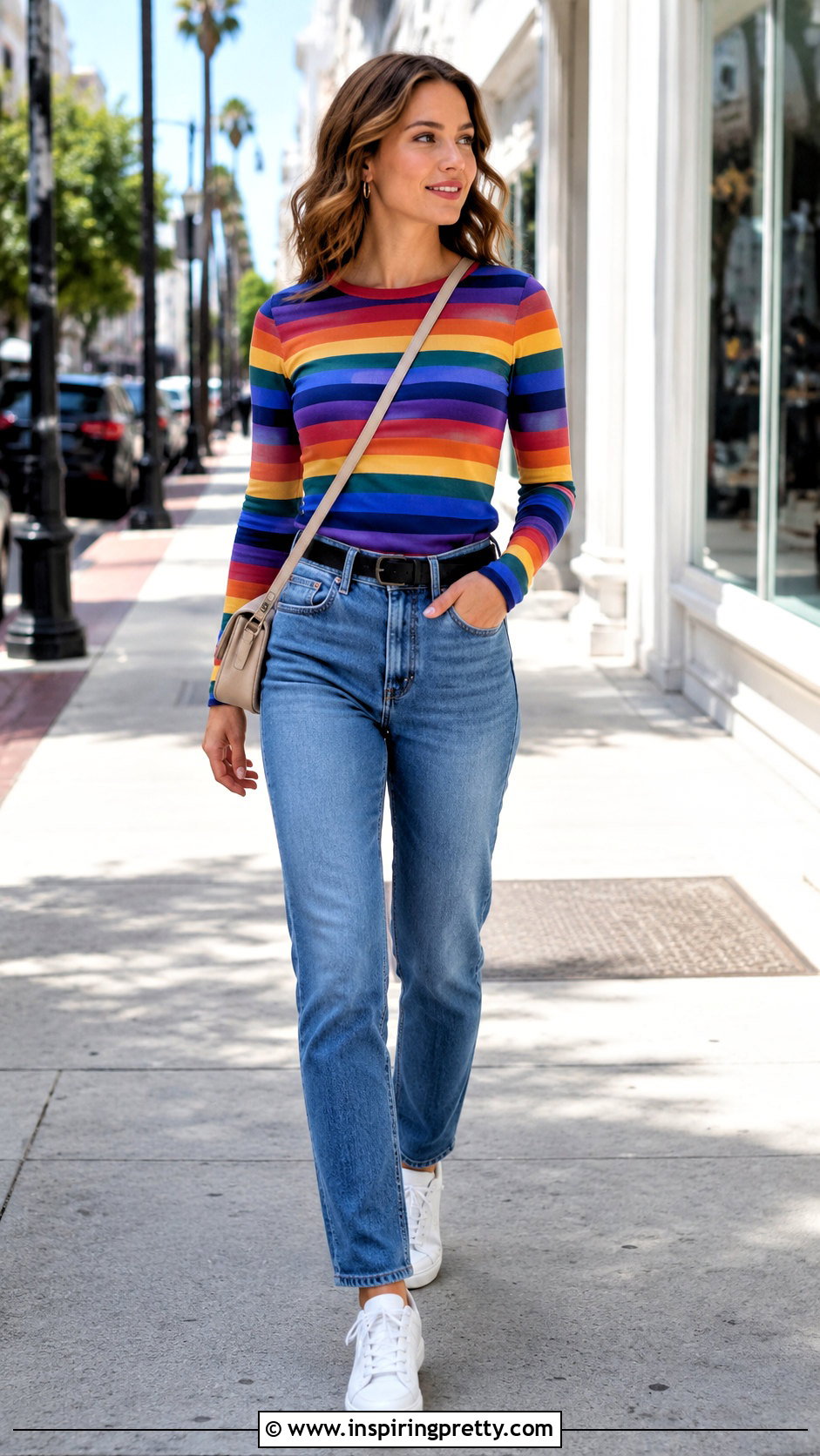 Rainbow Long Sleeve Top With Straight Leg Jeans - 20 rainbow long sleeve top outfit ideas
