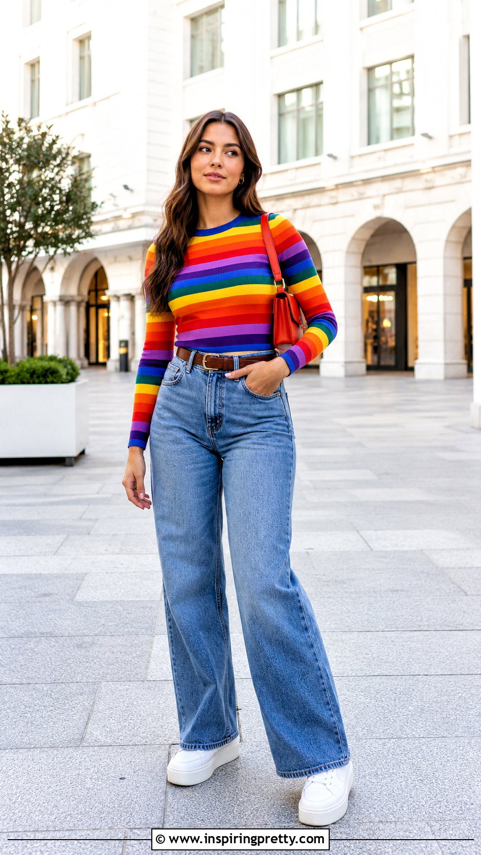 Rainbow Long Sleeve Top With Wide Leg Jeans - 20 rainbow long sleeve top outfit ideas