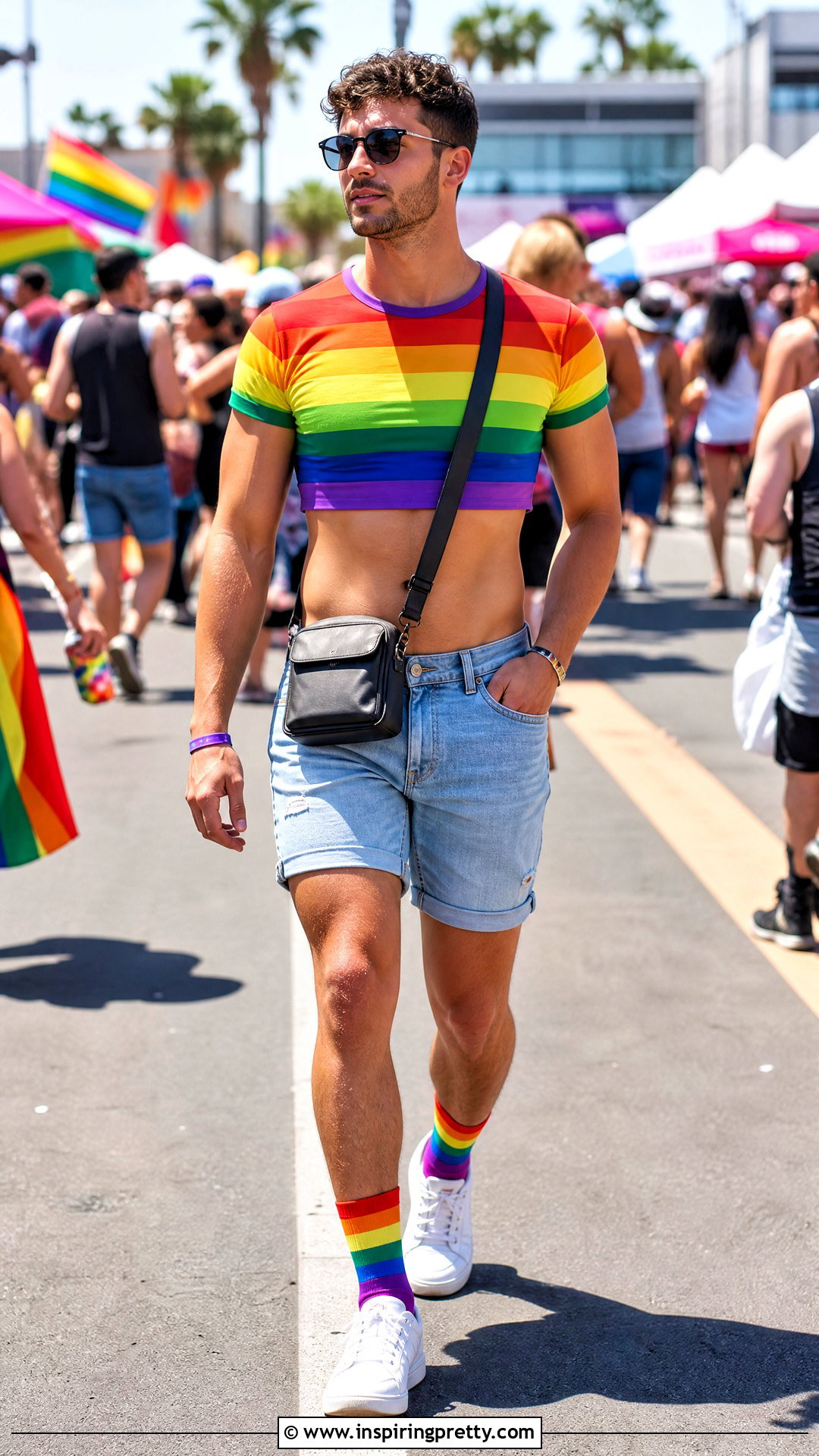 Rainbow Pride Crop Top With Denim Shorts - 20 pride crop top men outfit ideas