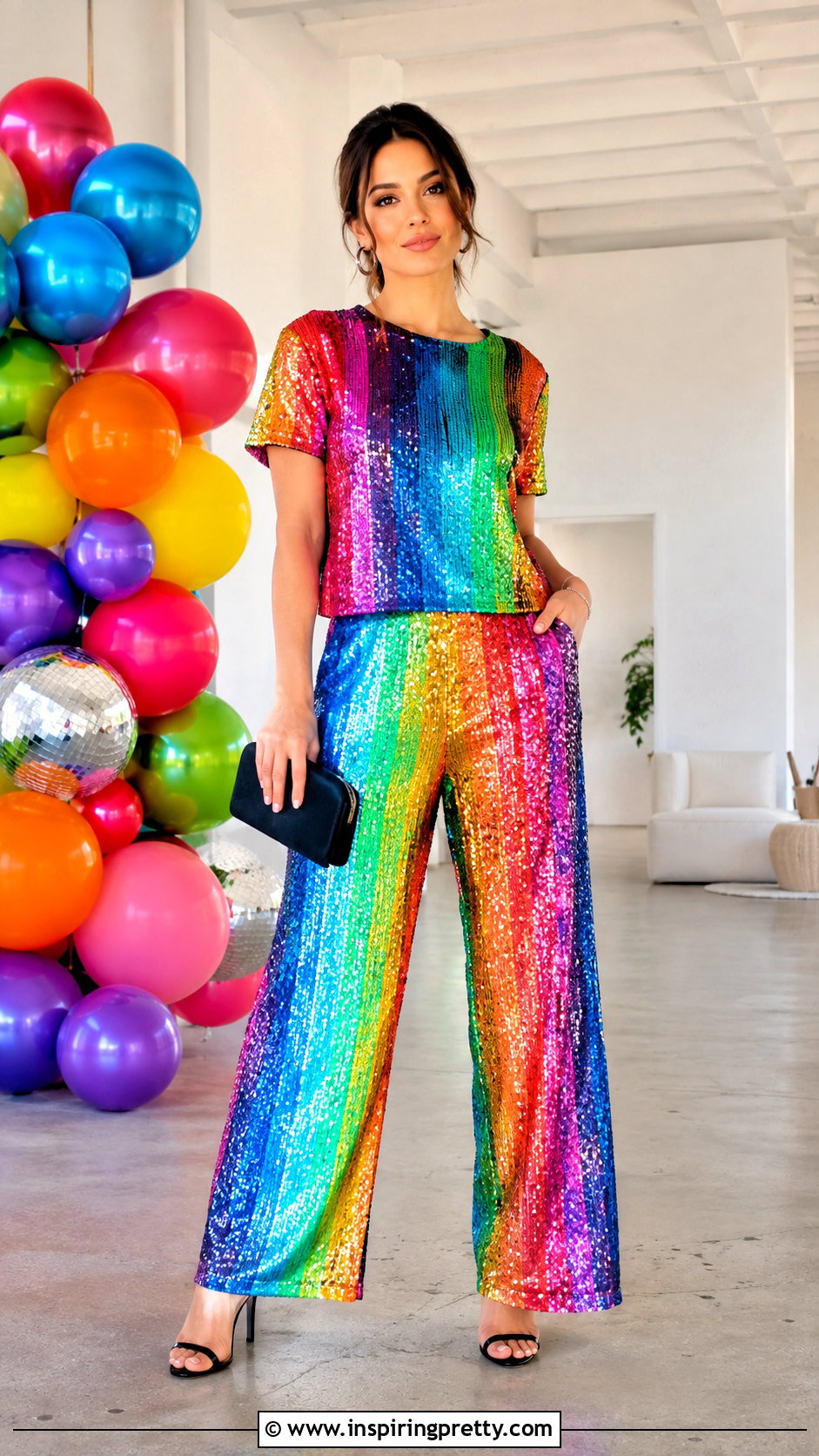 Rainbow Sequin Pants And Short Sleeve Top Set - 25 Sequin Pants And Top Sets