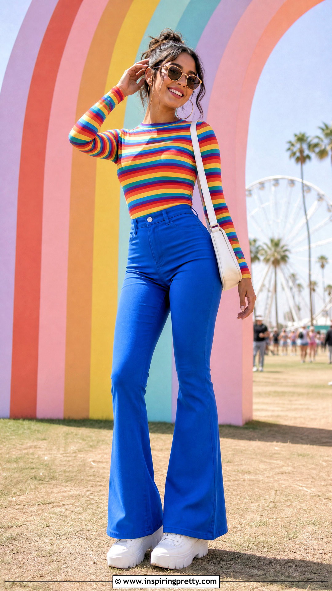 Rainbow Stripe ABBA Top With Blue Flares - 25 Abba Style Tops outfit ideas