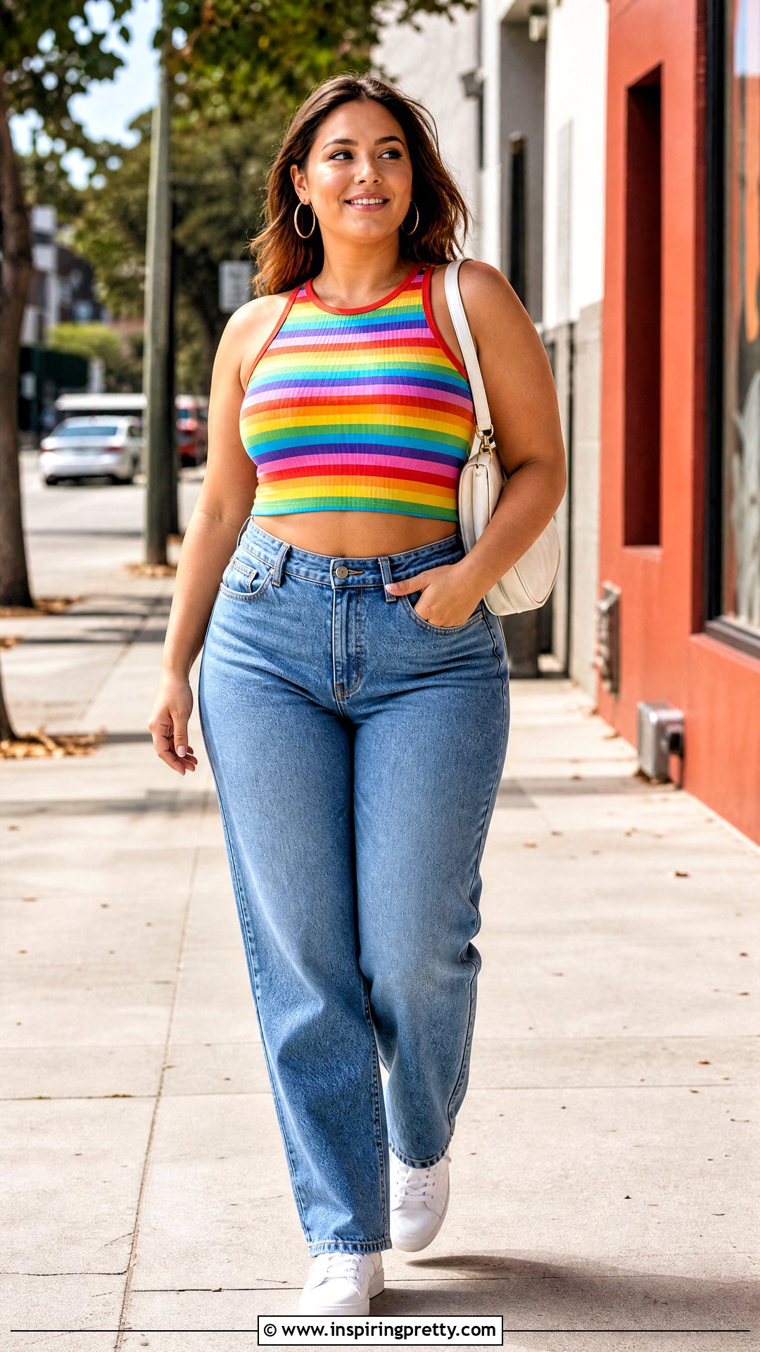 Rainbow Striped Crop Top With High Waisted Jeans - 20 Colorful Striped Crop Tops outfit ideas