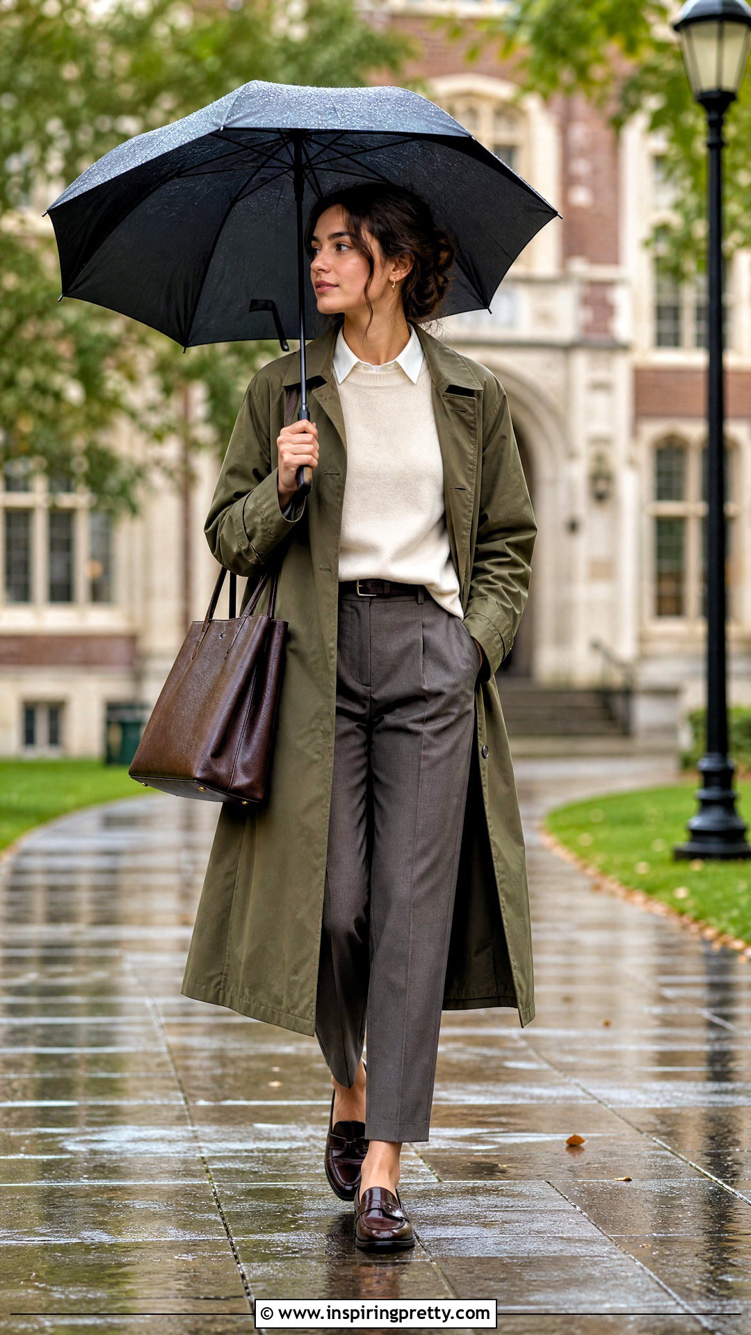 Rainy Day Academia Trench Coat and Loafers Outfit - 50 top academia ideas