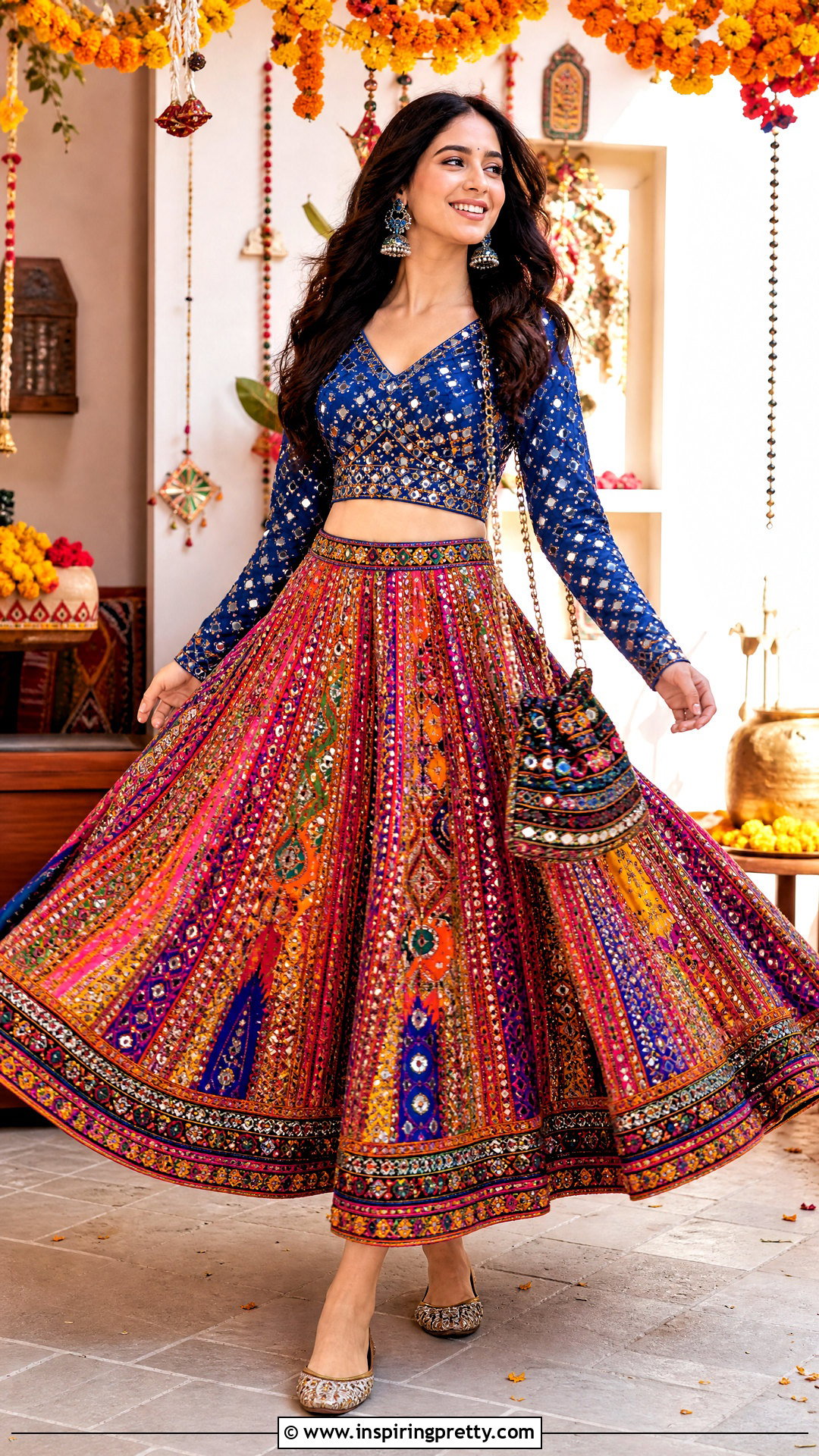 Rajasthani Long Skirt With Mirror Work Top - 50 long skirt top designs