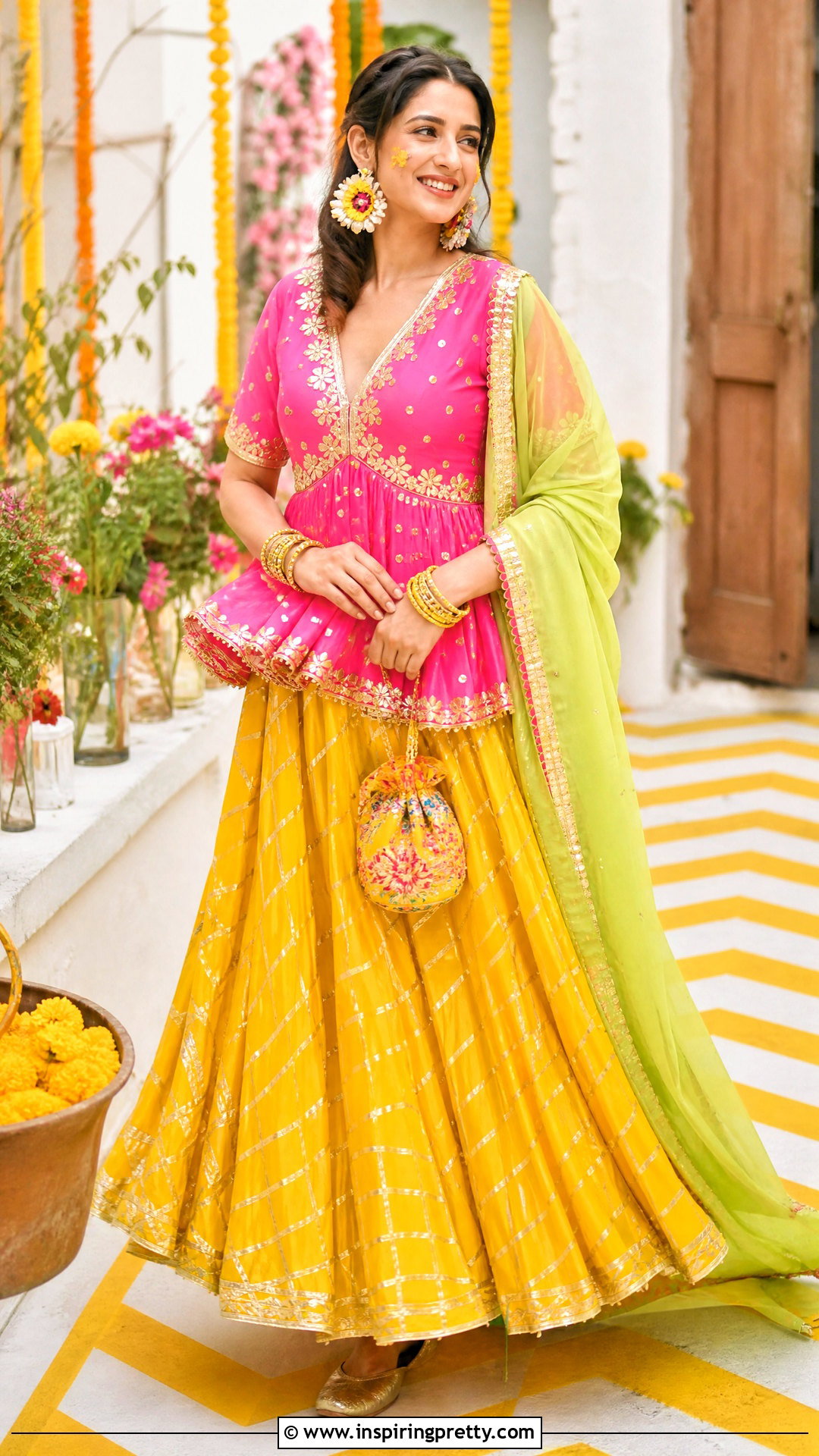 Rani Pink Indian Peplum Top With Yellow Lehenga - 50 indian peplum top outfits